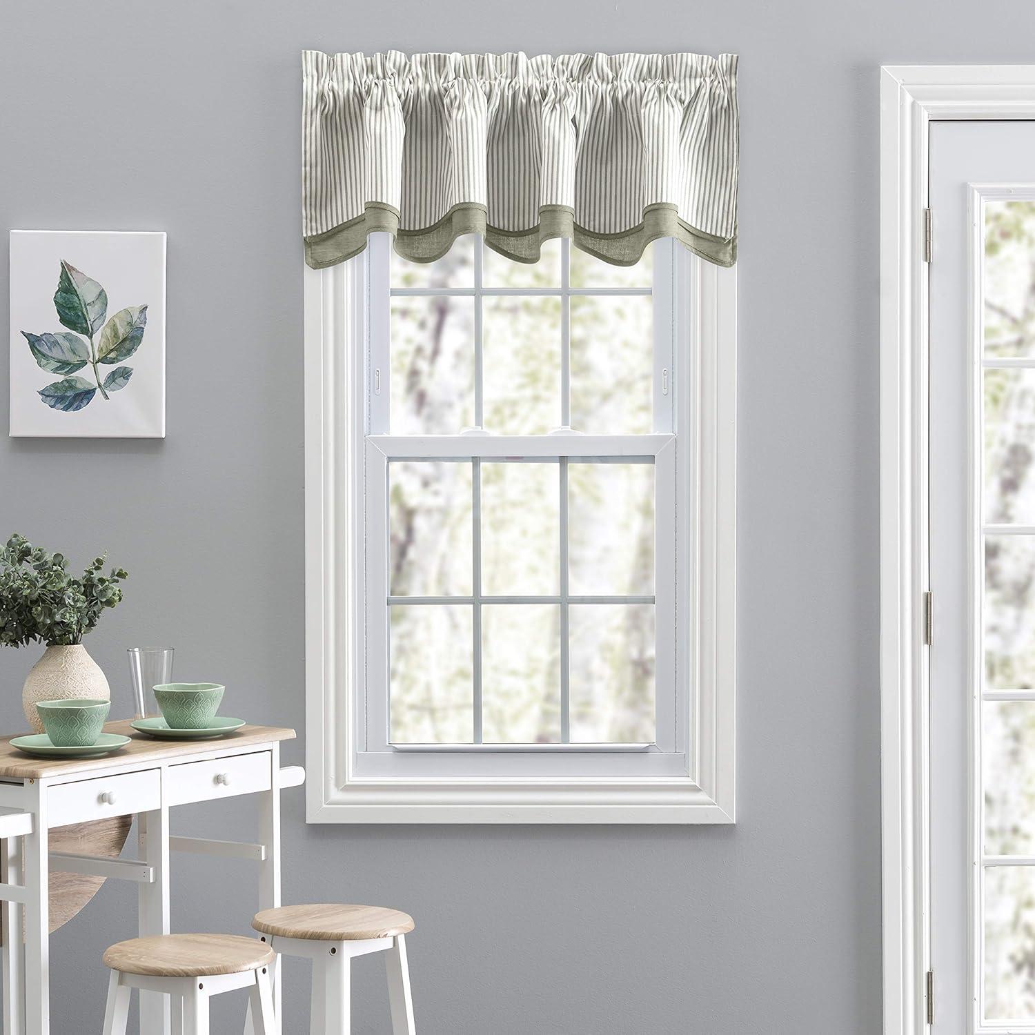 Ellis Curtain Plaza Classic Ticking Stripe Printed 3" Rod Pocket Double Layer Bradford Valance 58" x 15" Sage
