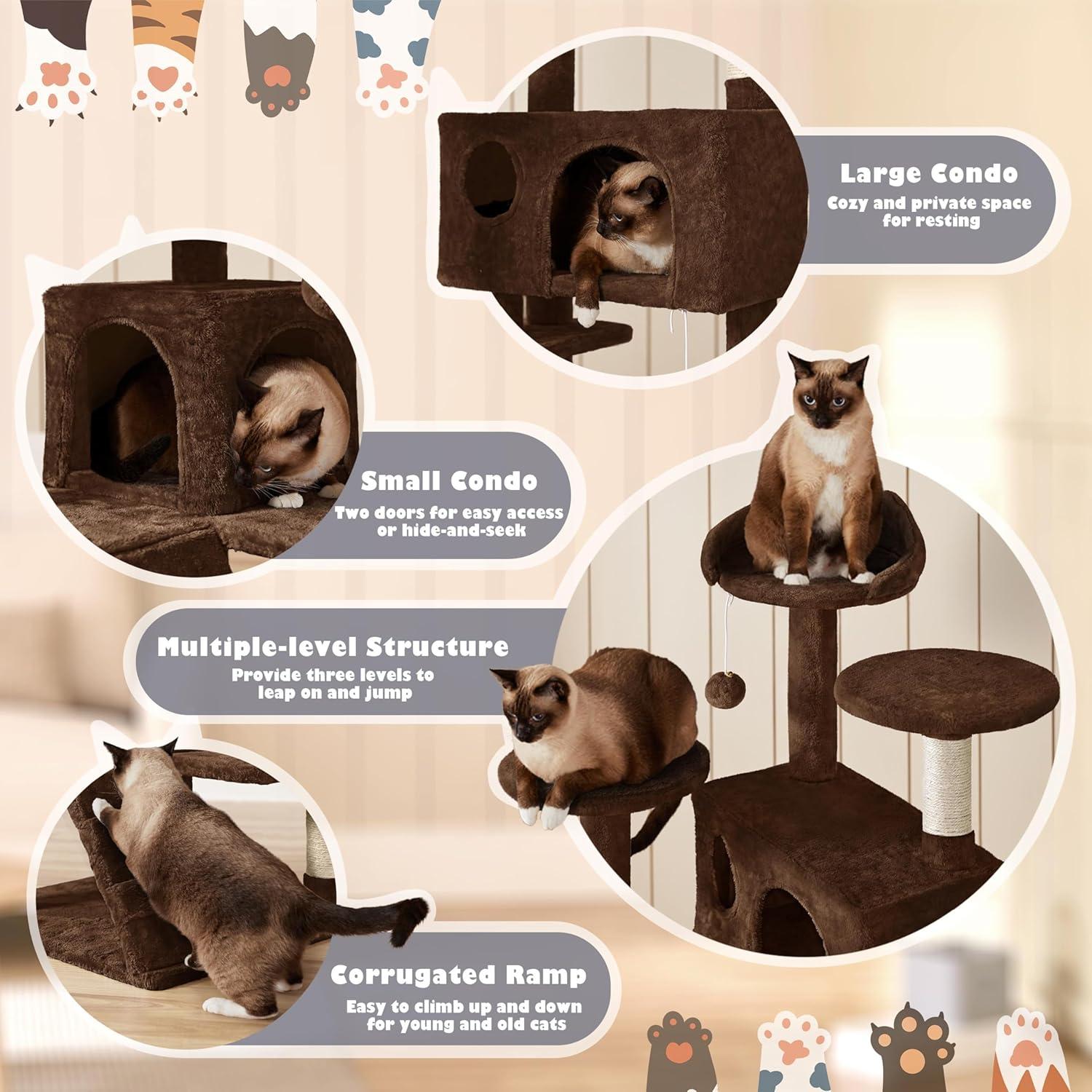 54" Cat Tree, Cat Tower Condo with Scratching Post and Ladder, Pet Furniture with Hanging Ball and Platforms for Indoor, Home