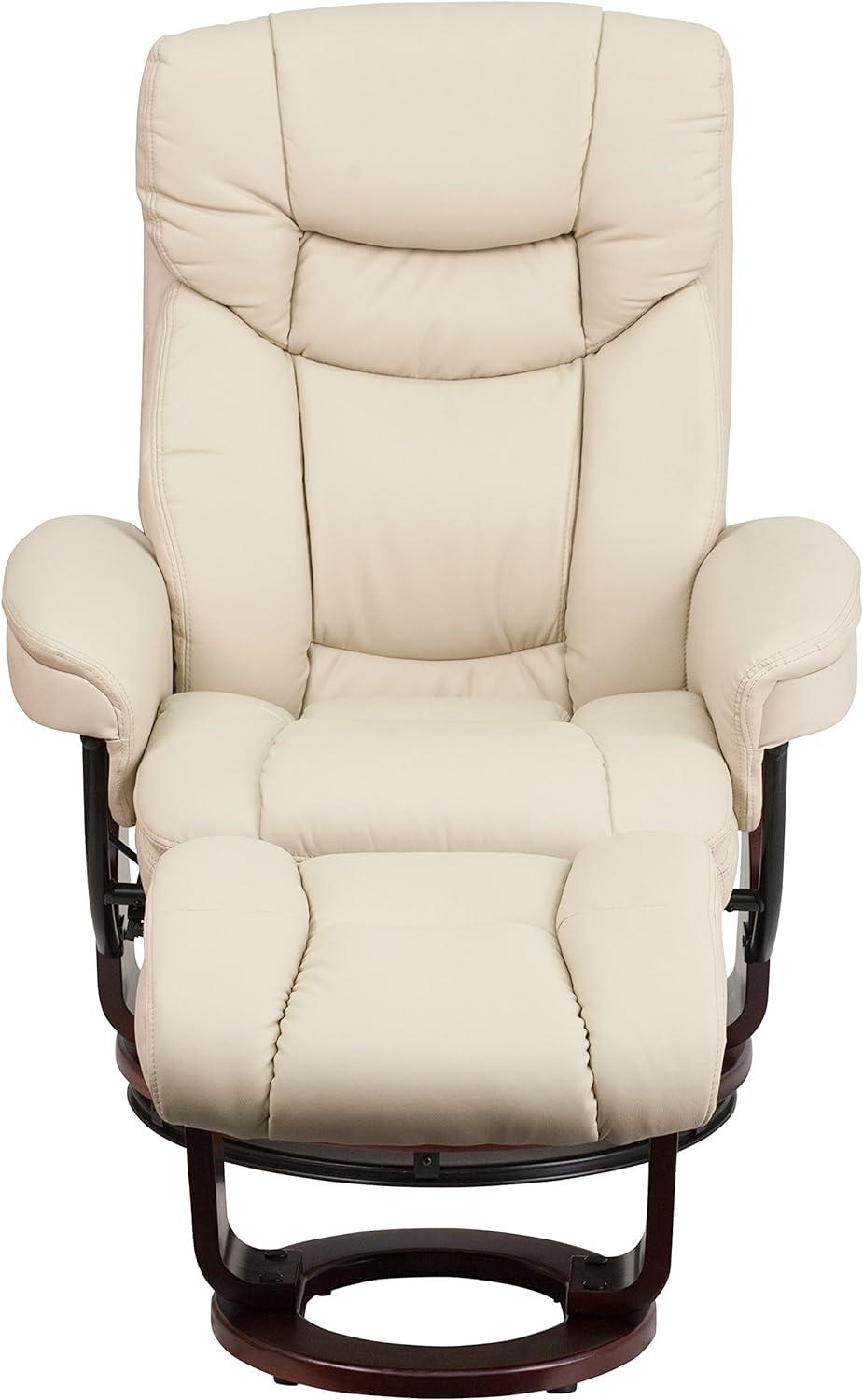 Beige Faux Leather Swivel Recliner with Mahogany Wood Base and Ottoman