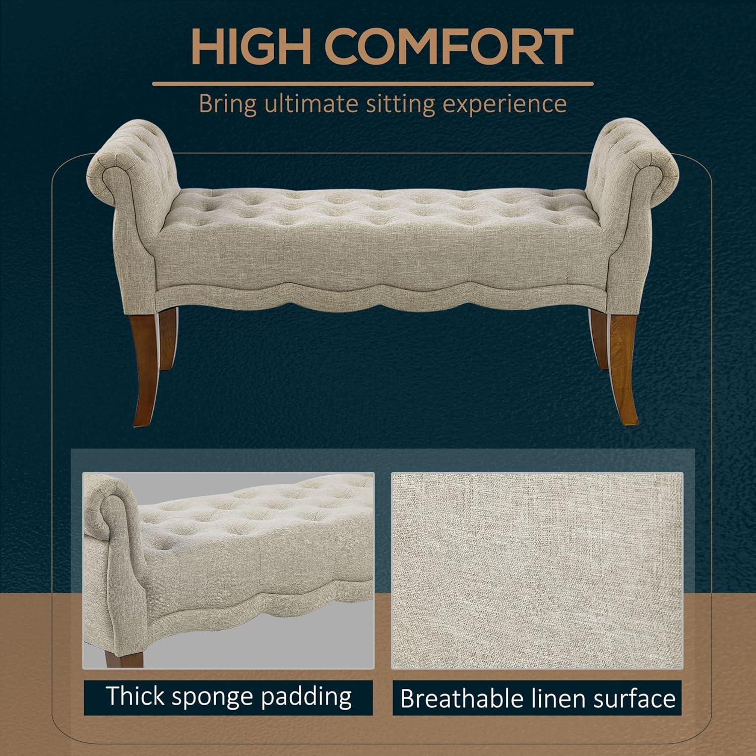 HOMCOM Traditional Style End of Bed Bench, Upholstered Entryway Bench with Button Tufted and Rounded Arm, Light Gray