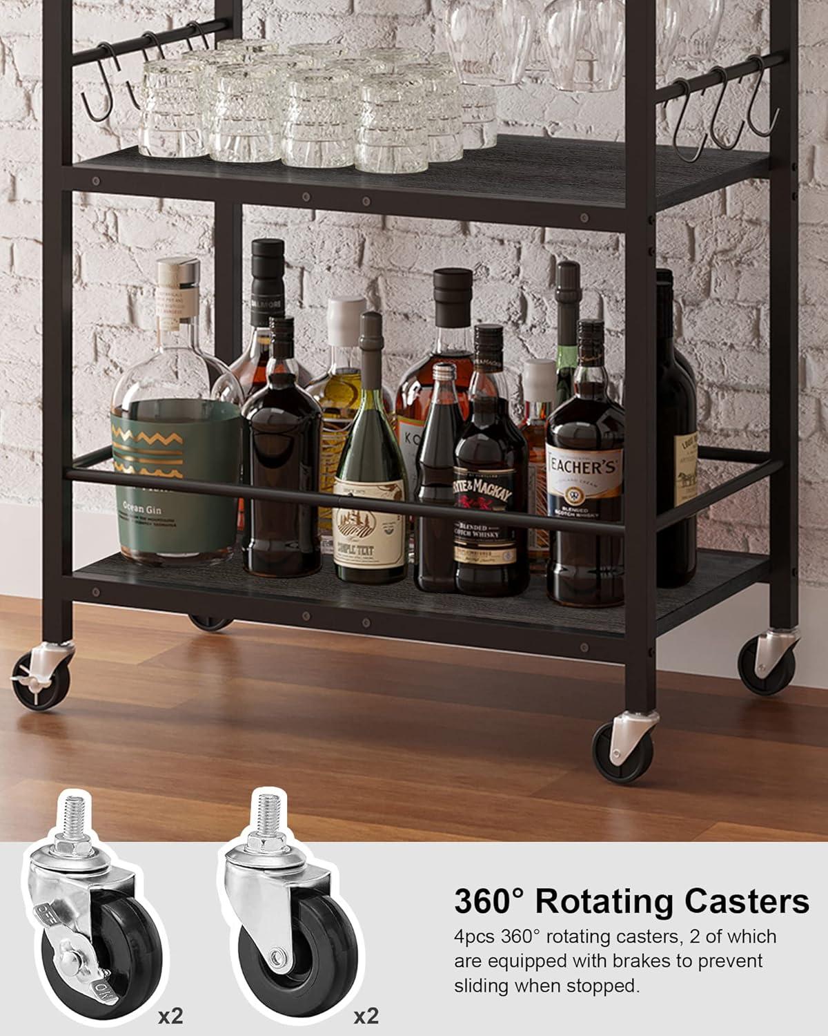 Black Metal Rolling Bar Cart with Wine Rack and Glass Holder