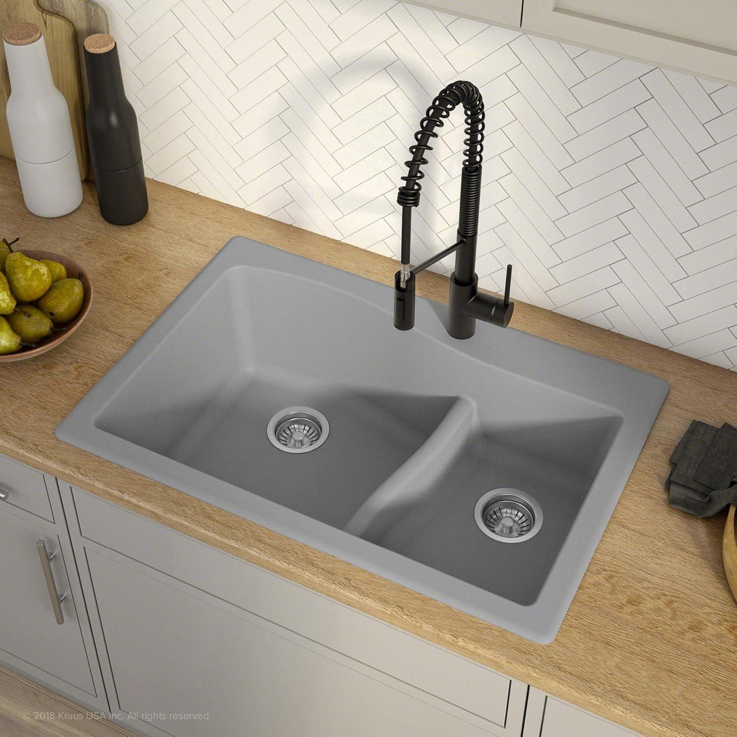 Kraus KRAUS Quarza™ 33" L Dual Mount 60/40 Double Bowl Granite Kitchen Sink KGD-442GREY