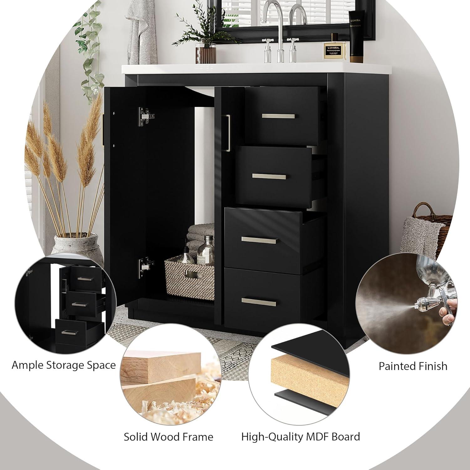 30" Bathroom Vanity with Single Sink, Modern Bathroom Vanity with 3 Drawers & 2 Doors, Solid Wood Bathroom Storage Cabinet with Undermount Sink, Black