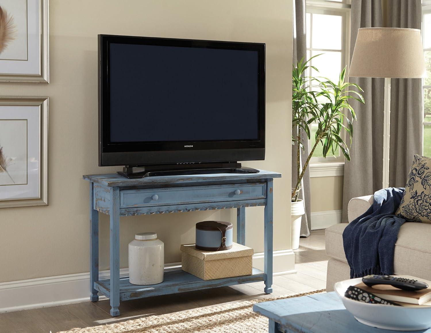 Country Cottage Antique Blue Media Console with Storage Shelf