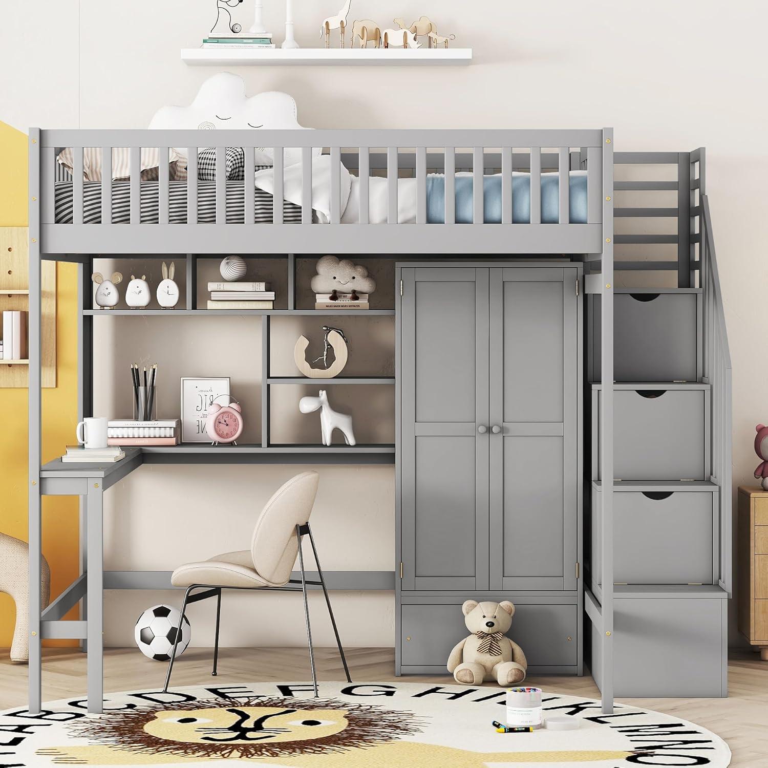 Bellemave Full Size Loft Bed with Stairs and Wardrobe, Wood Loft Beds Frame with Desk and Storage Drawers, Stairway Loft Bed for Kids, Teens & Adults（Gray）