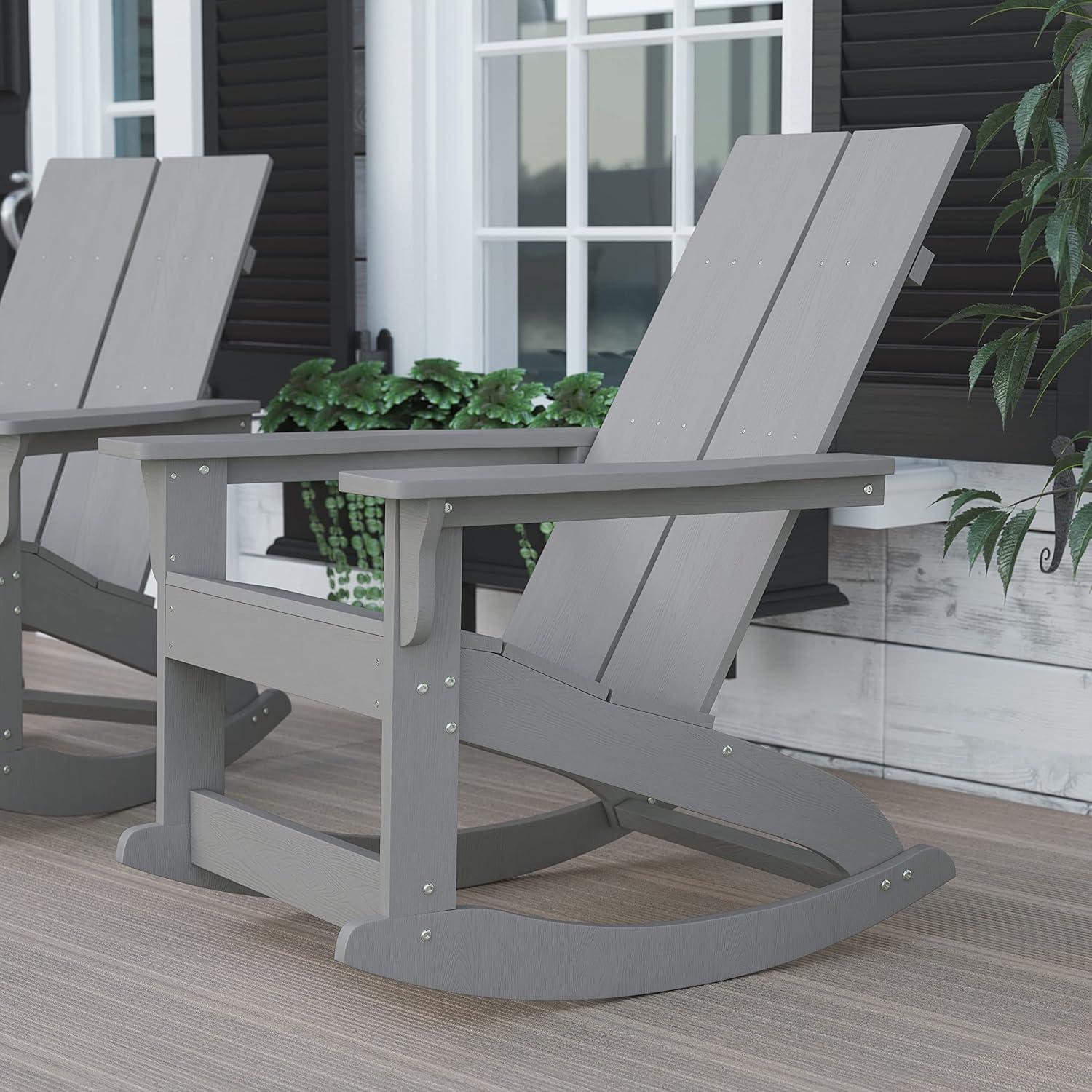 Flash Furniture Finn Modern All-Weather 2-Slat Poly Resin Wood Rocking Adirondack Chair with Rust Resistant Stainless Steel Hardware in Gray