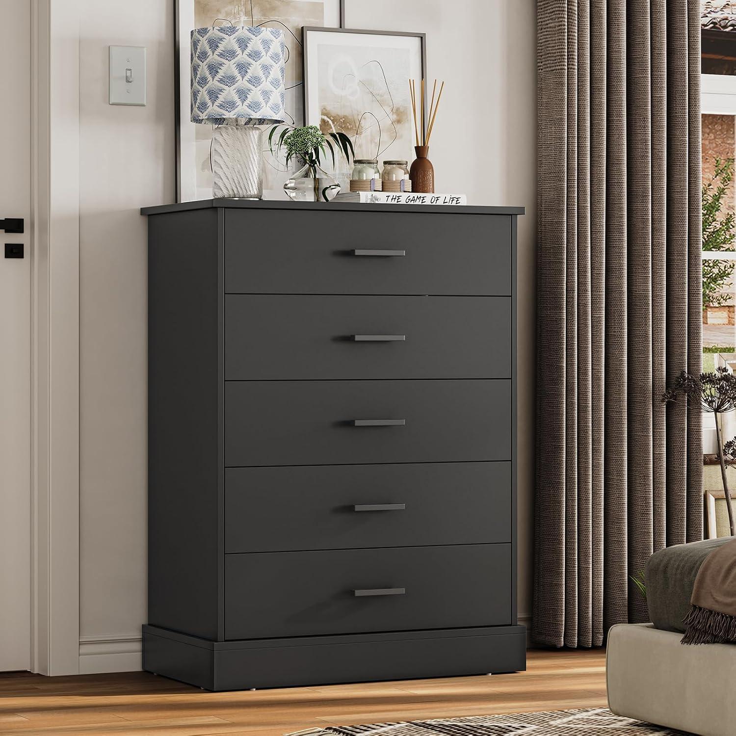 Black Tall 5-Drawer Wooden Dresser with Sturdy Base