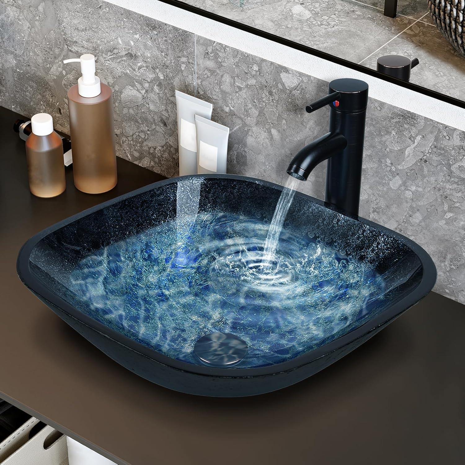 16" L x 16" W Glass Bathroom Vessel Sink Square Tempered Glass Art Basin Above Counter Bathroom Sink