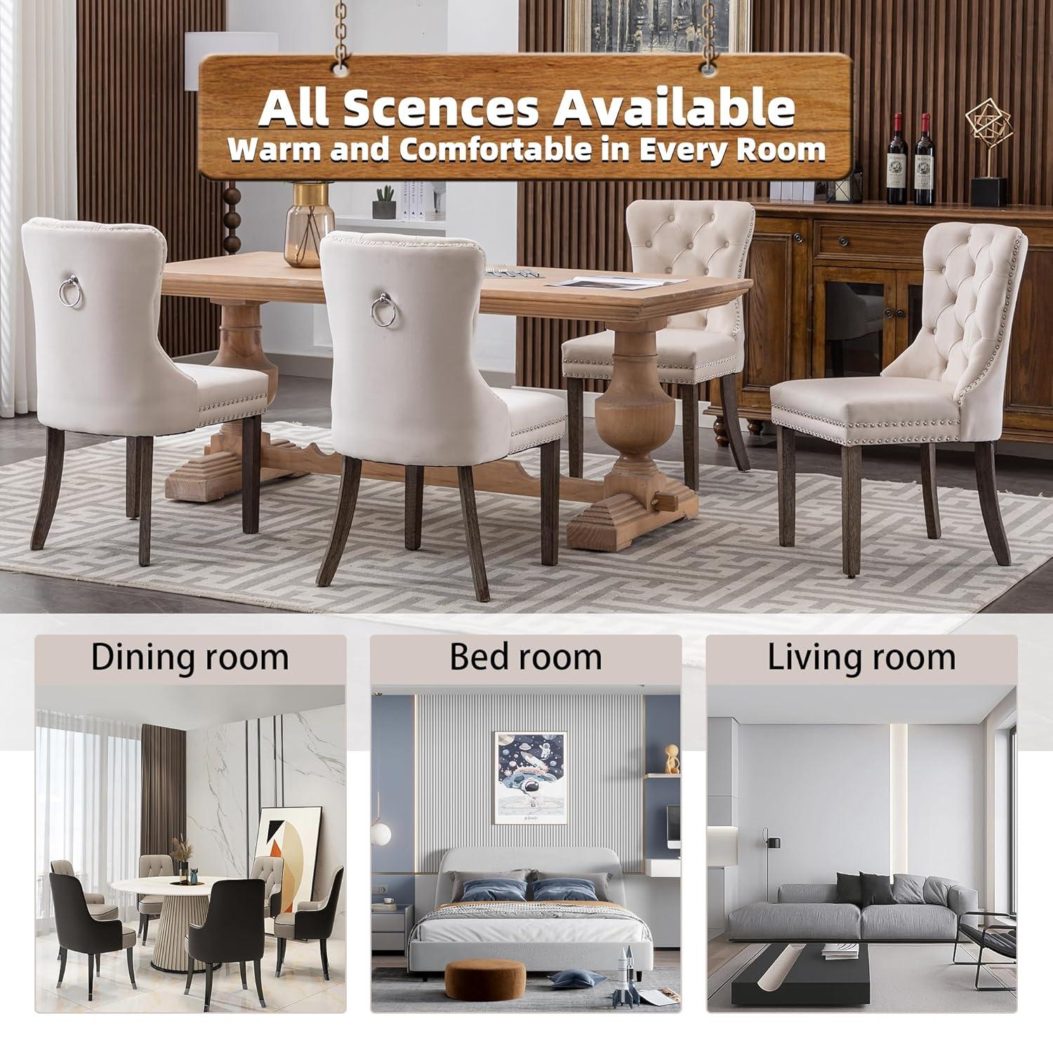 SoarFlash Velvet Dining Chairs Set of 4, Tall Back Side Chair, Modern Upholstered High-end Tufted Side Chair with Button Back Ring, Solid Wood Legs (Beige)