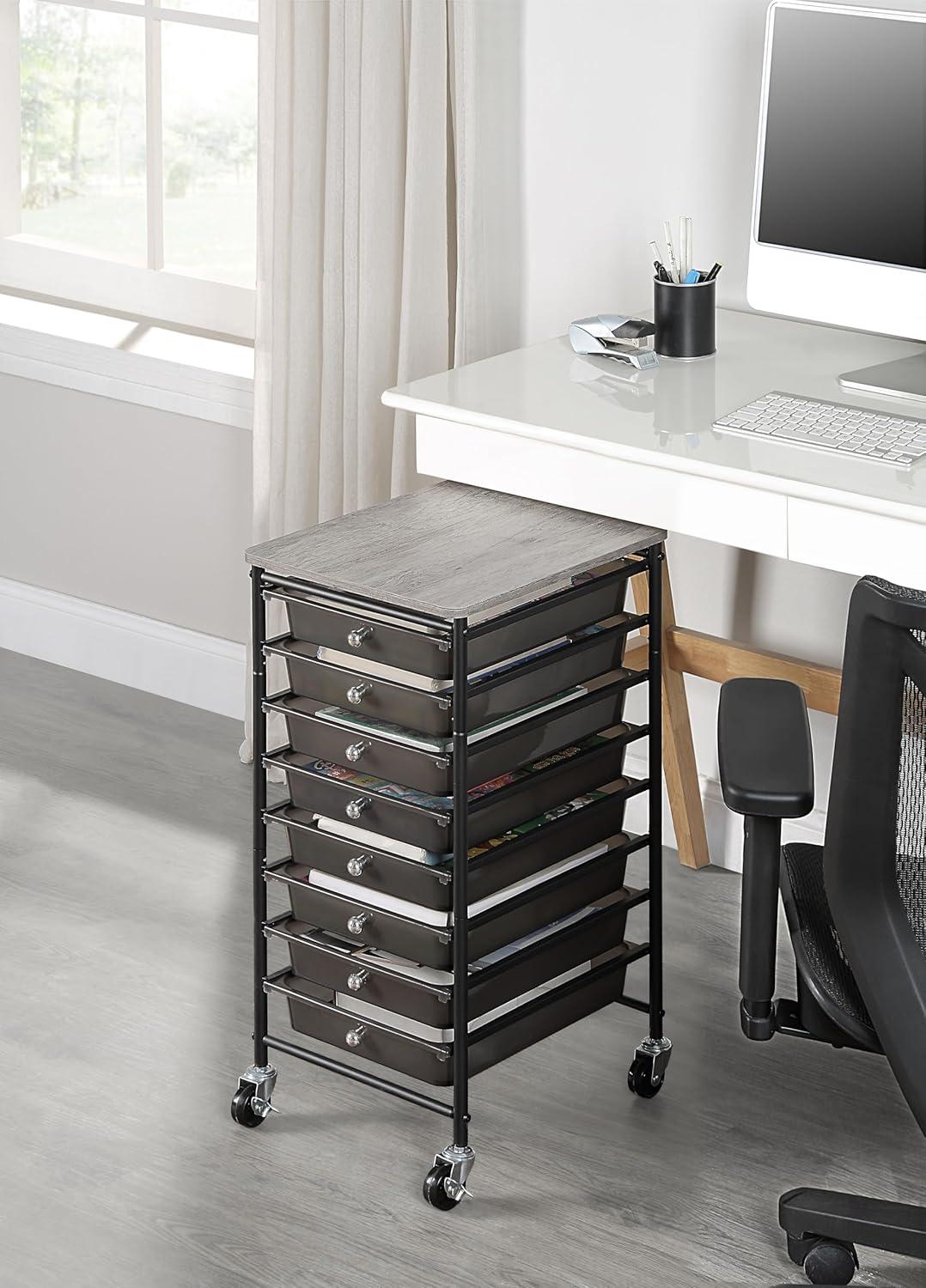 Compact Black Metal and Wood Rolling Storage Cart with 8 Drawers