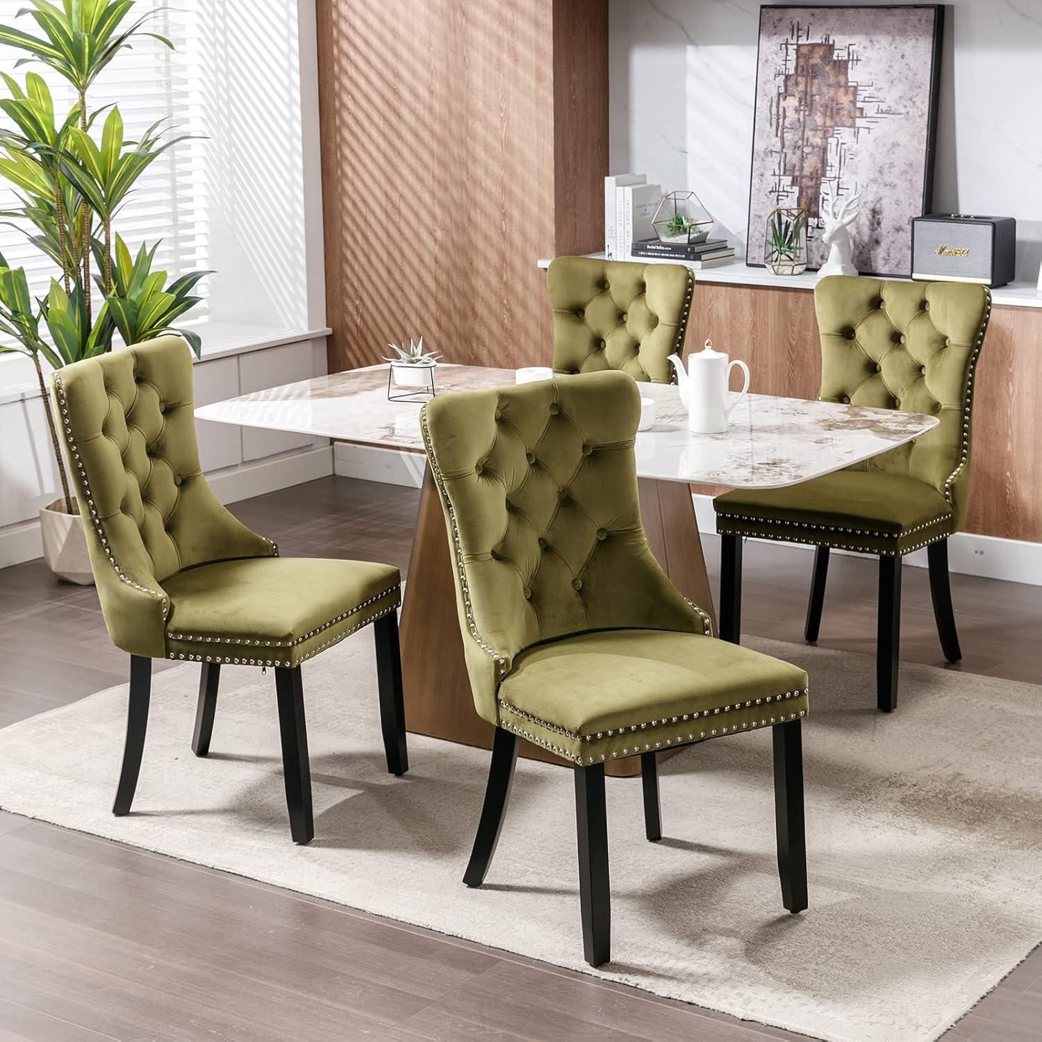 ODUSE-DAILY Green Velvet Dining Chairs Set of 4, Kitchen & Dining Room Chairs, Sillas De Comedor, Nailheads Tufted, Fabric Upholstered, Solid Wood (Olive, 4 Pcs)