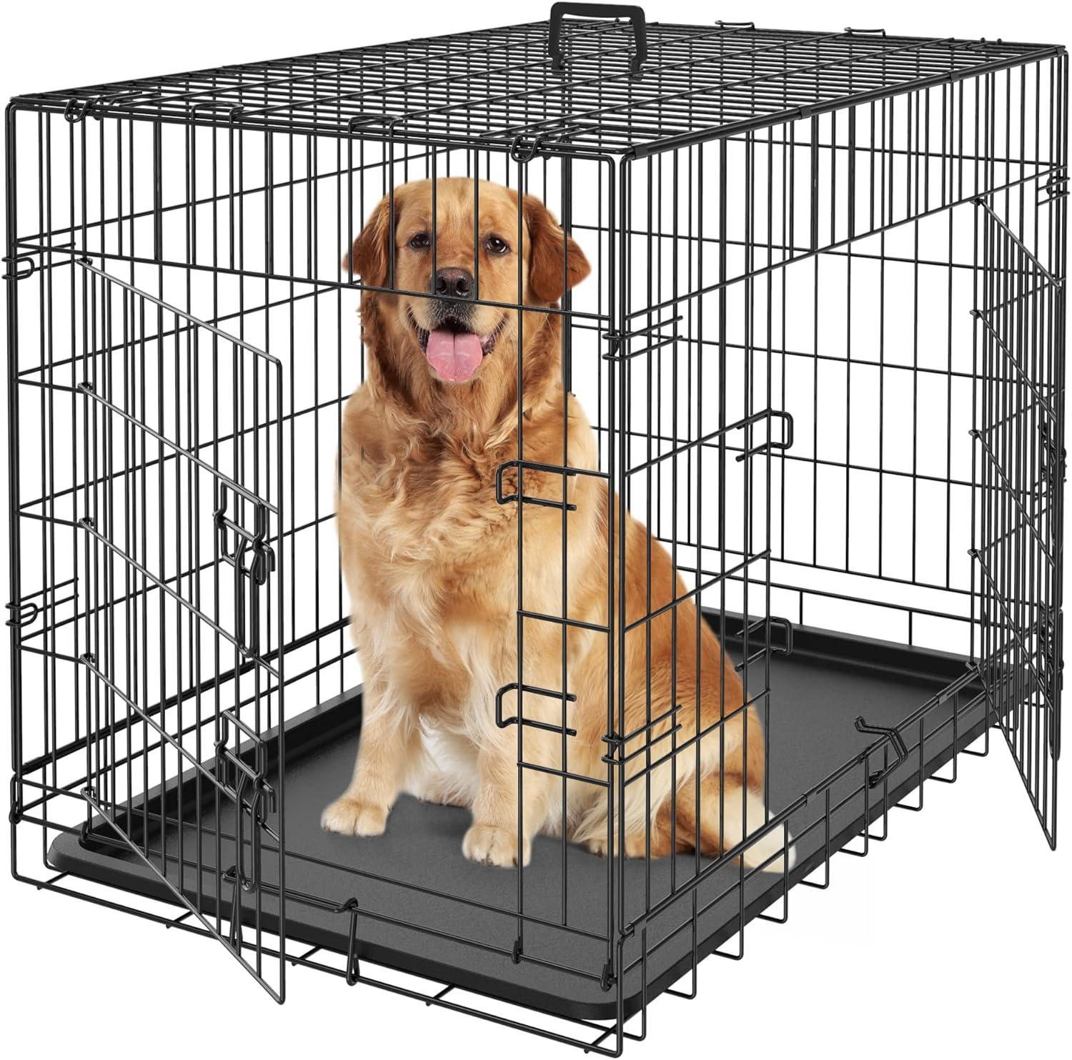 CL.HPAHKL Durable Large Dog Crate, Folding Metal Dog Kennel Double Door Dog Cage with Plastic Tray, Wire Crate for Large Dog Indoor Outdoor Travel (Black, 42 inch)