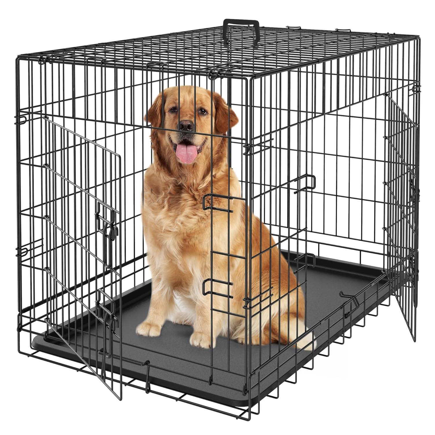 CL.HPAHKL Durable Large Dog Crate, Folding Metal Dog Kennel Double Door Dog Cage with Plastic Tray, Wire Crate for Large Dog Indoor Outdoor Travel (Black, 42 inch)