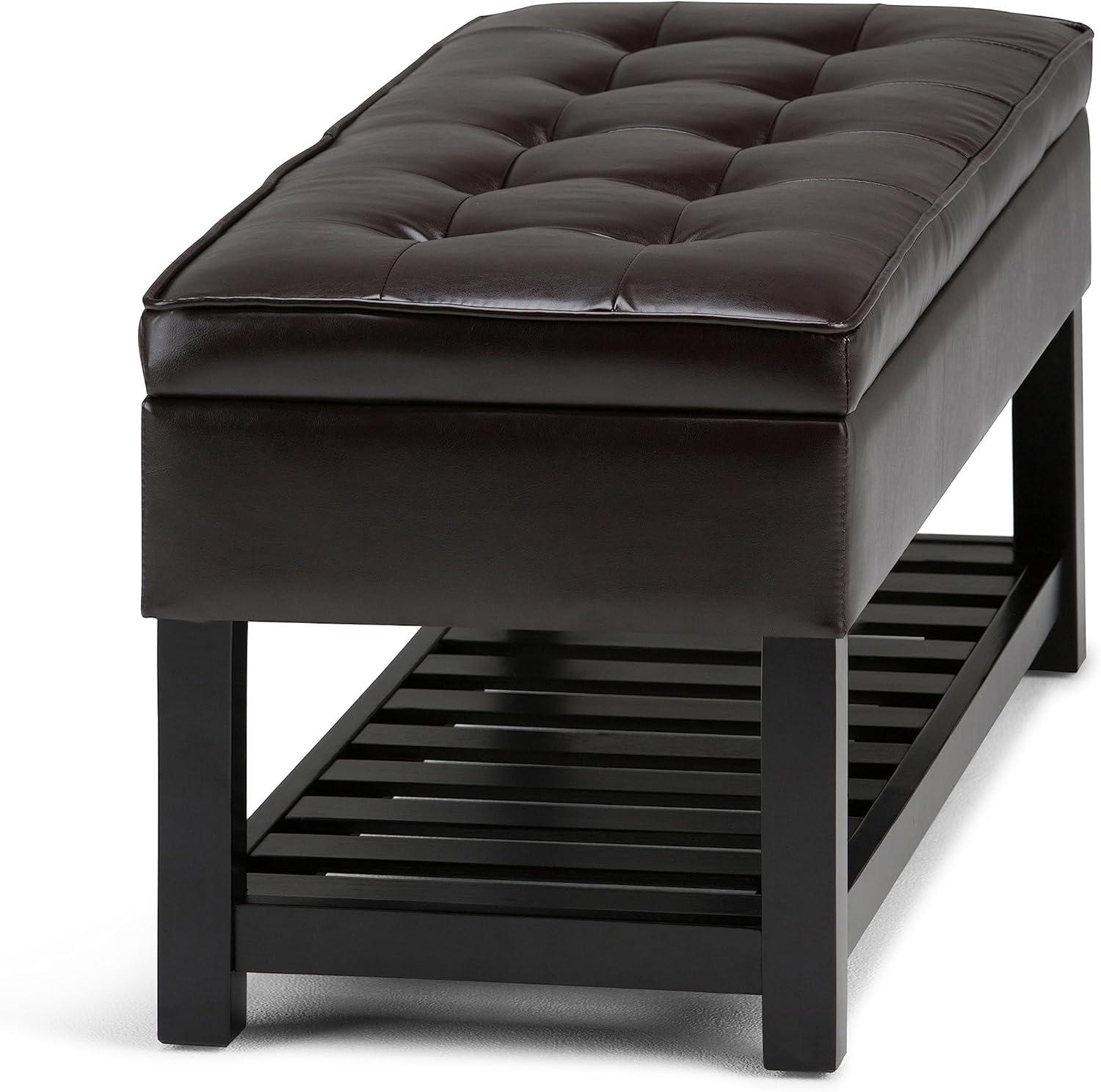 Simpli Home Cosmopolitan 44" Transitional Rectangle Ottoman Bench in Tanners Brown Faux Leather