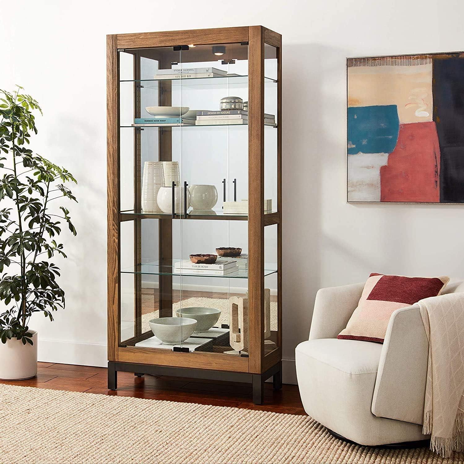 Transitional Aged Natural Lighted Curio Cabinet with Charcoal Base