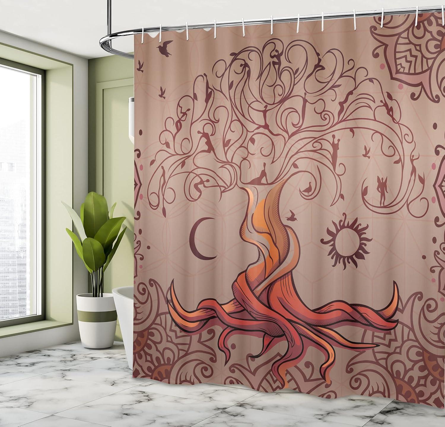 Ethnic Shower Curtain, Vintage Tree of Life with Sun and Moon Elf on Branches Enchanted Universe Image, Fabric Bathroom Set with Hooks, 69W X 70L Inches, Purple, by Ambesonne