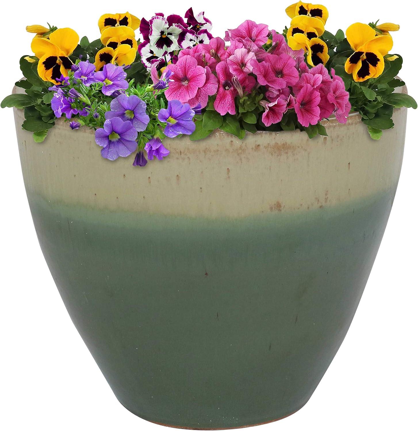 Sunnydaze Resort Outdoor/Indoor High-Fired Glazed UV and Frost-Resistant Ceramic Flower Pot Planter with Drainage Holes - 13" Diameter