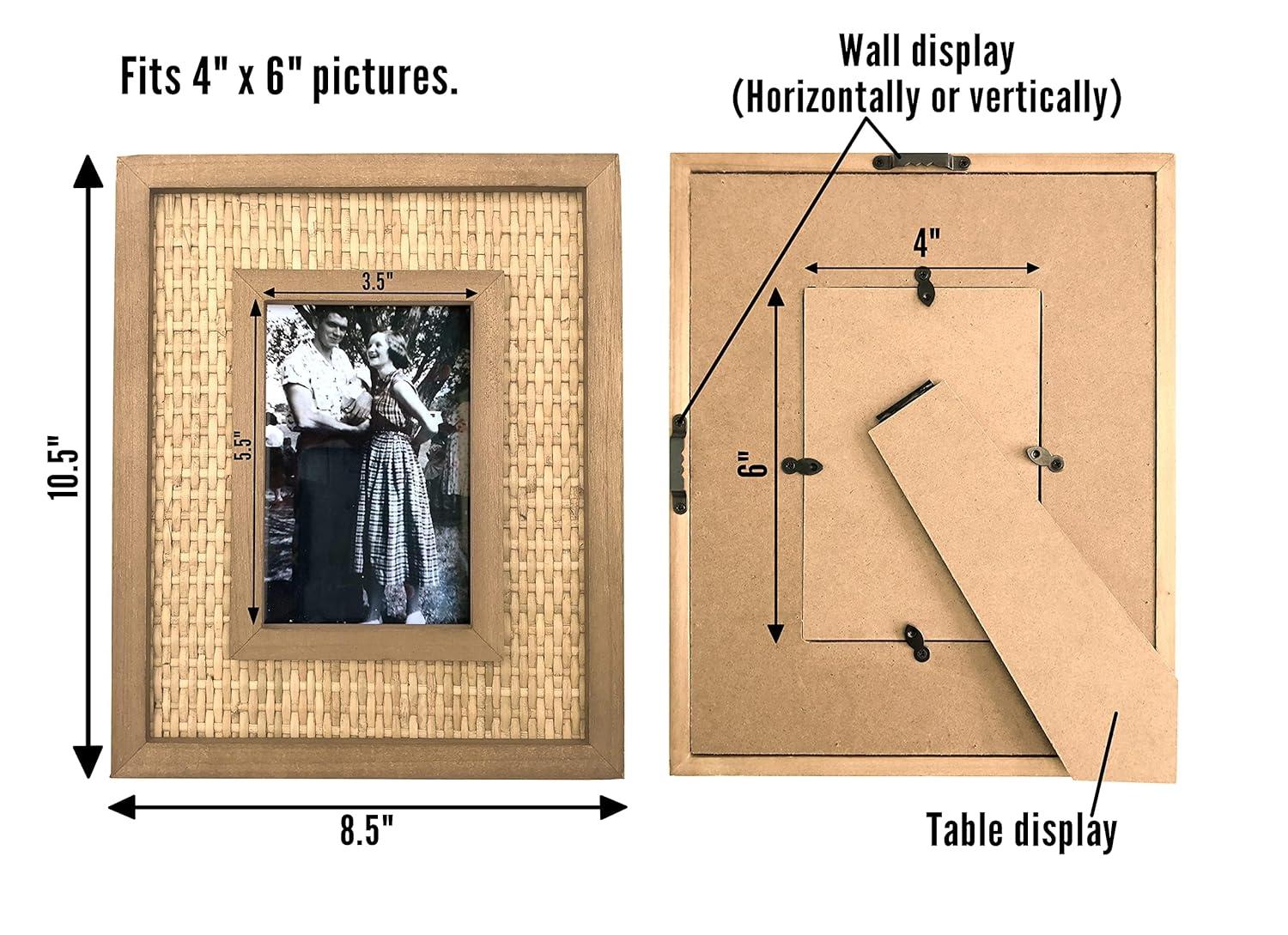 Rattan and Wood Picture Frame for 5x7 Inch Photos | Coastal or Boho Picture Frame | Tabletop Stand and Wall Mount | Single Display or Gallery Wall