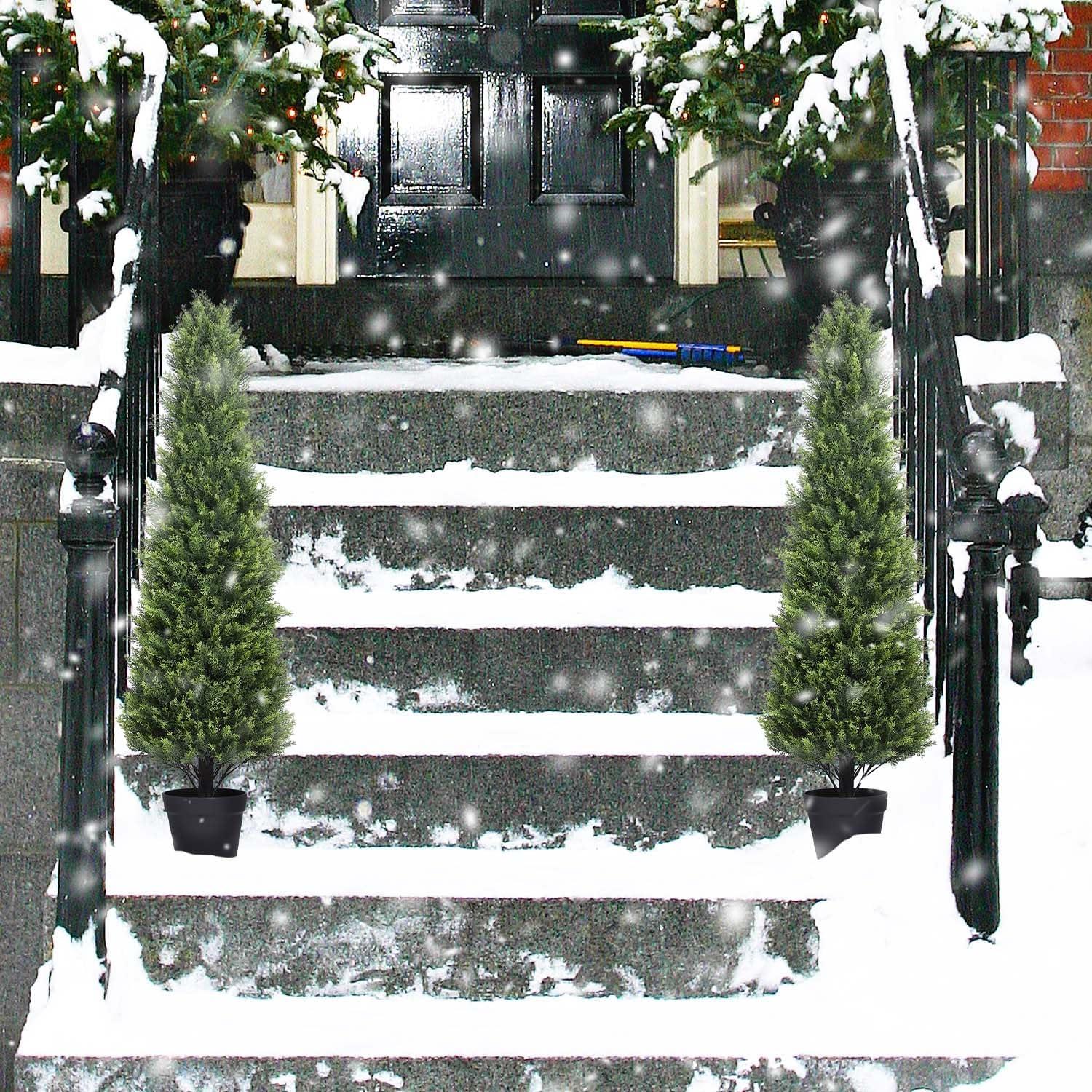 4ft Artificial Cedar Topiary Trees in Black Plastic Pots, Set of 2