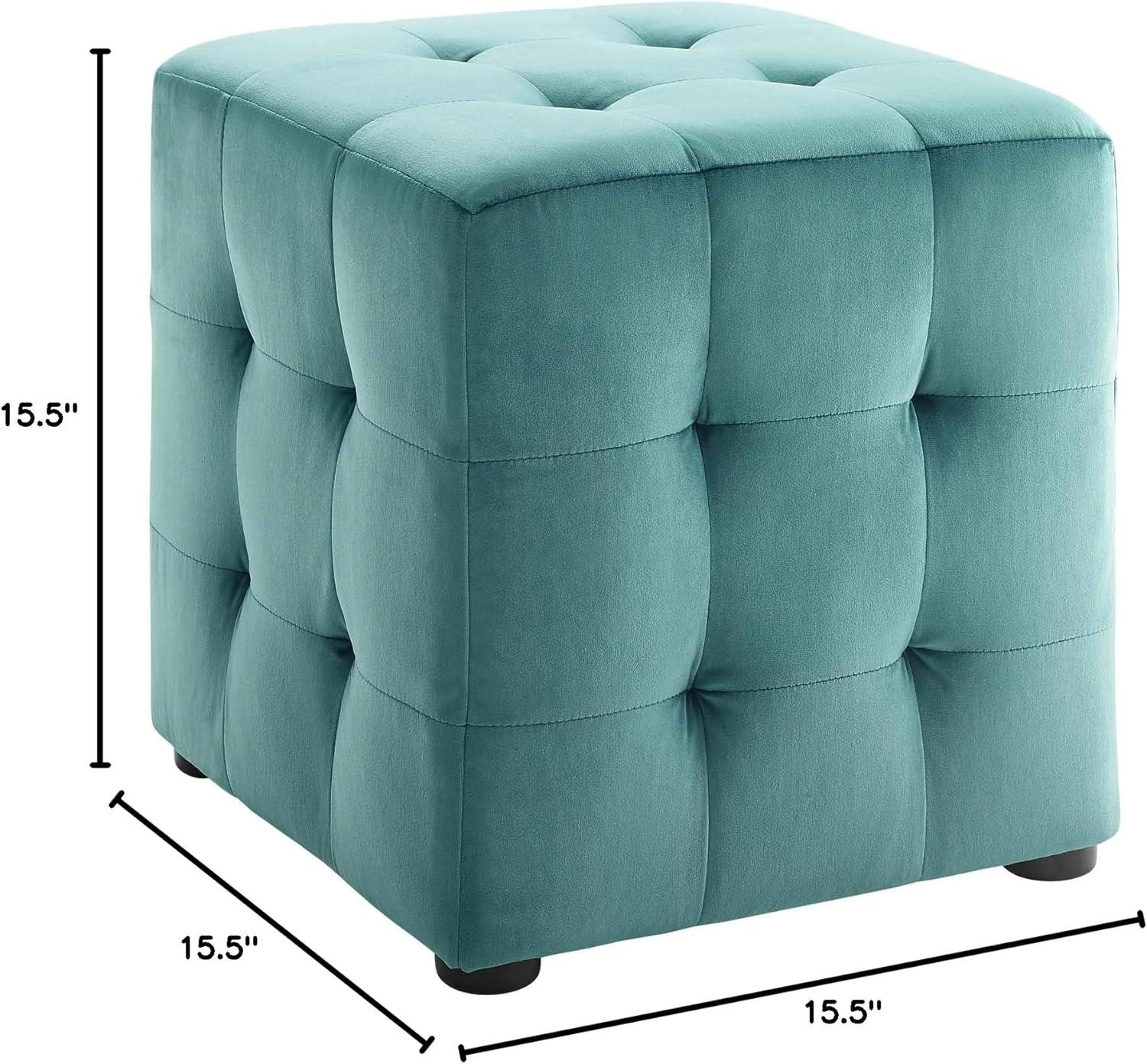 Teal Tufted Velvet Cube Ottoman with Button Details