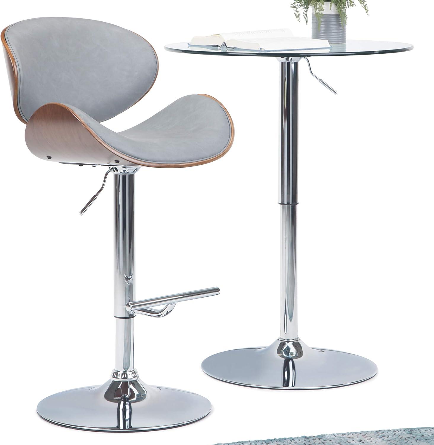 Stone Grey Adjustable Swivel Walnut Bar Stool with Chrome Finish