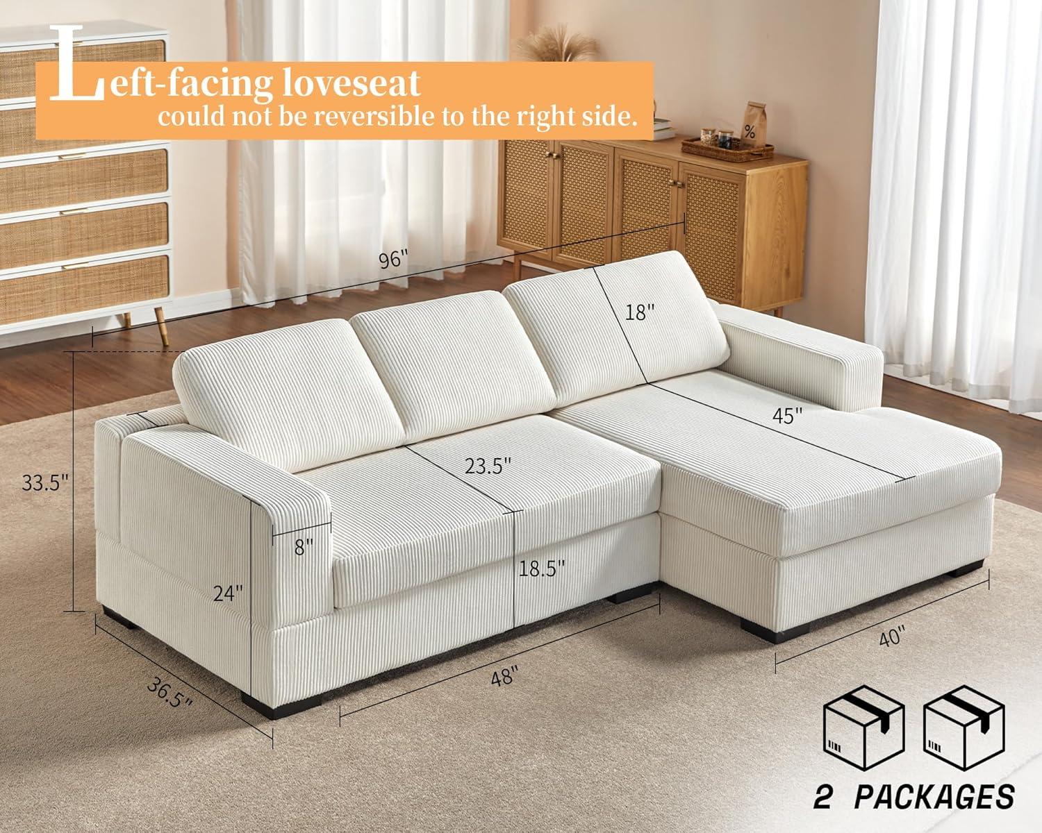 VANACC 96 inch Oversized Sectional Sofa, Comfy Sofa Couch with Right Chaise, White Corduroy Sofa