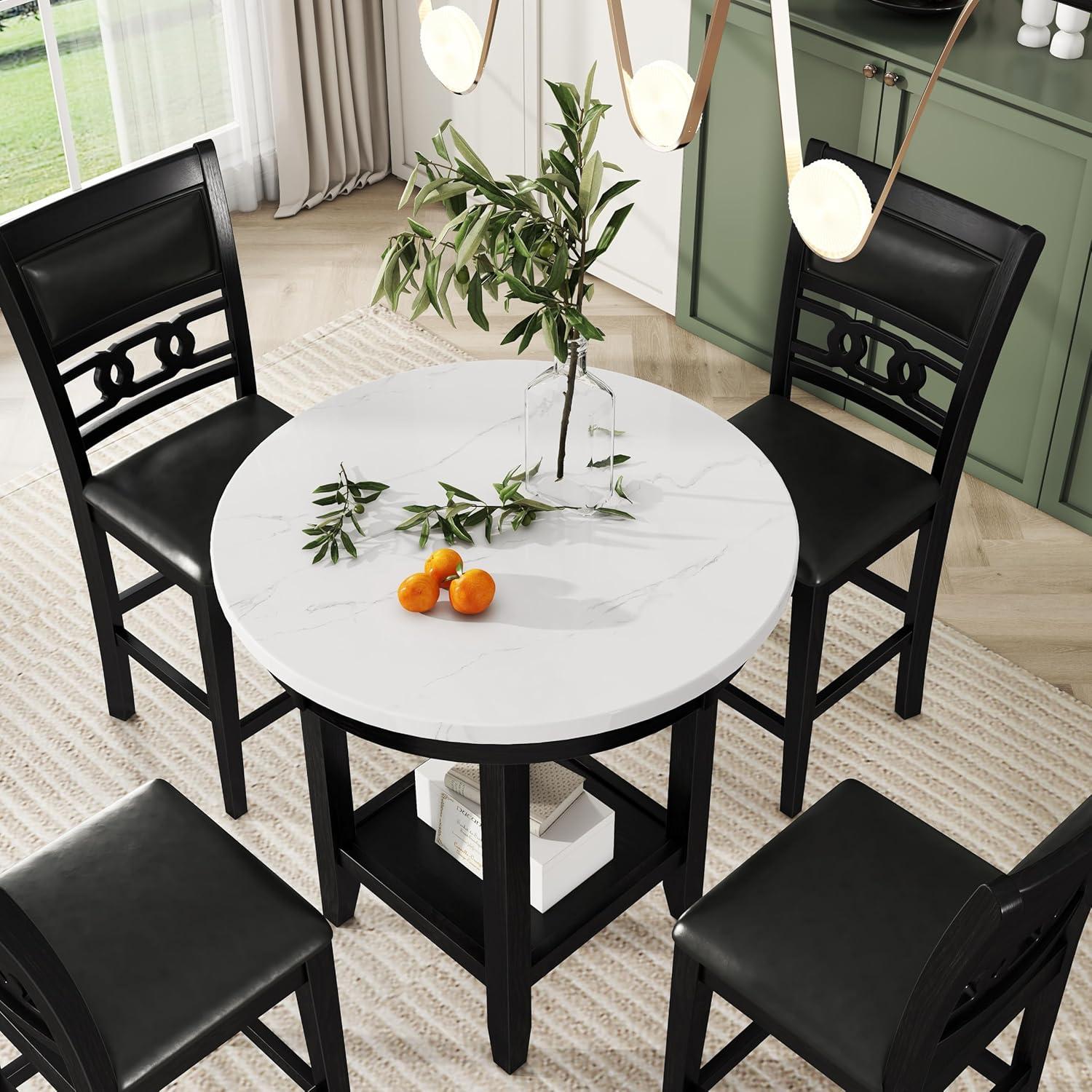 Counter Height Round Dining Set with Faux Marble Table and PU-Leather Chairs