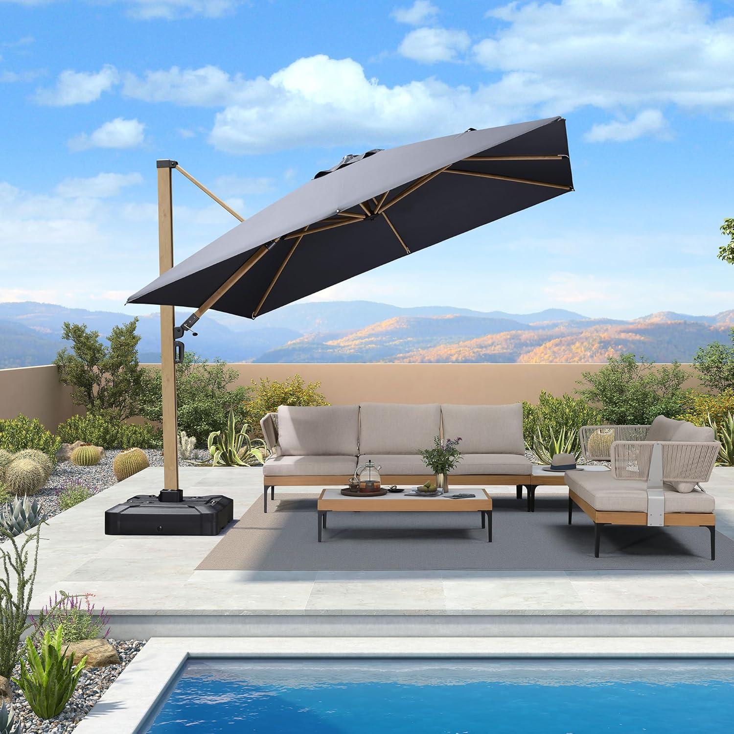 PURPLE LEAF 10FT Patio Umbrella Square Cantilever Umbrella Teak Finished Aluminum Frame Large Windproof Offset Outdoor Sun Umbrellas for Beach Pool Deck, Grey