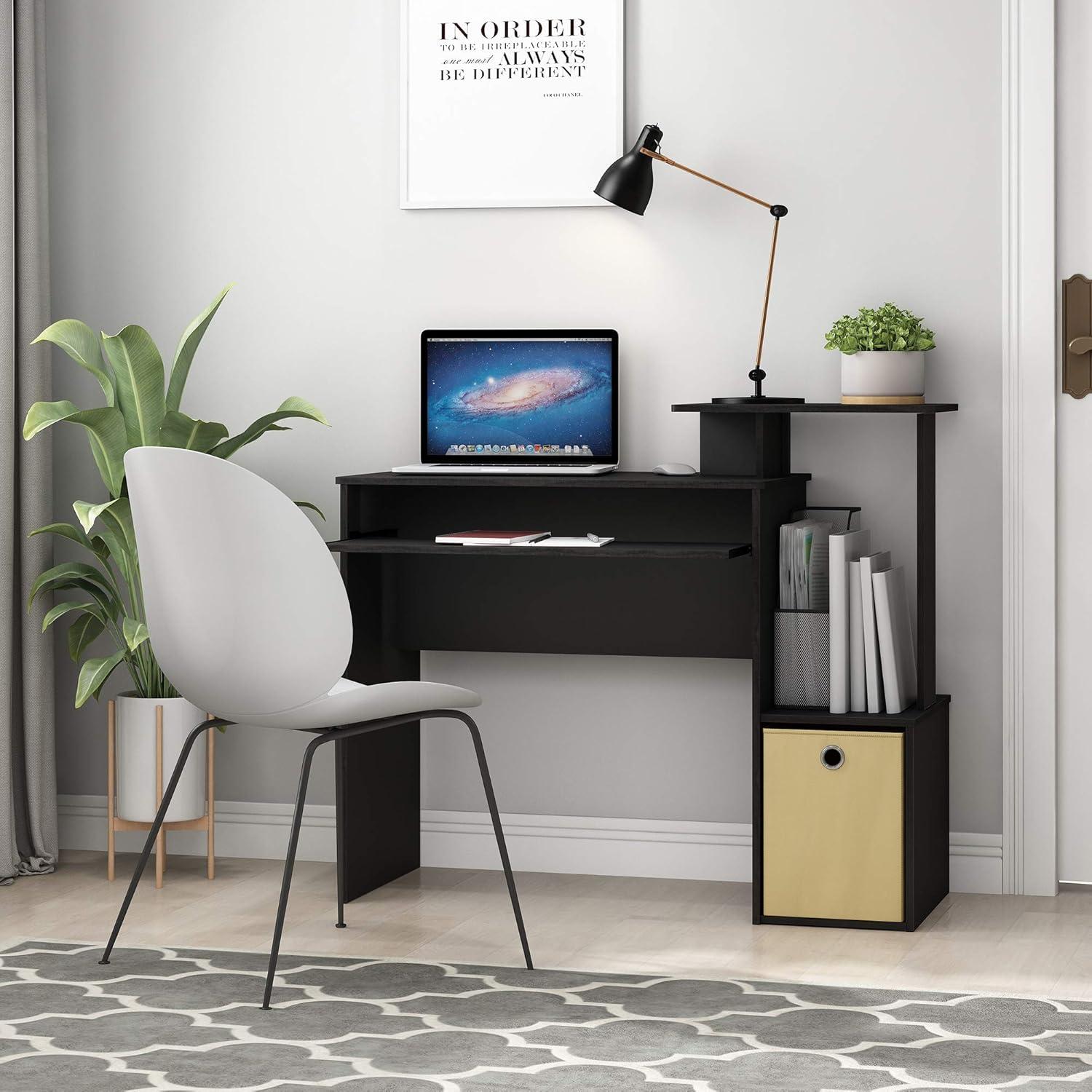 Compact Black/Brown Engineered Wood Home Office Desk with Drawers