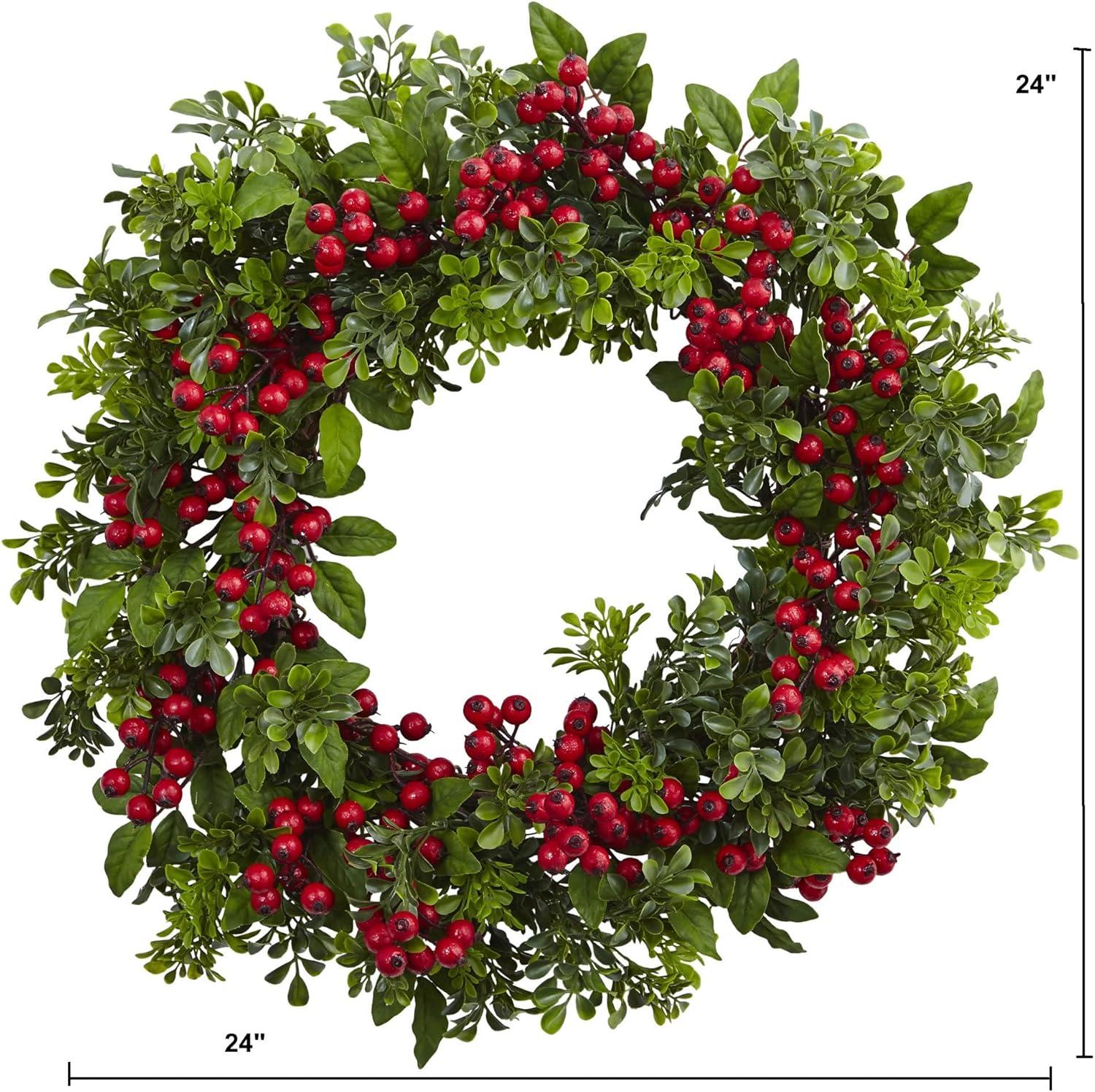 Nearly Natural Berry Boxwood Wreath 24": Faux Polyester & Plastic, Indoor Wall Decor, Unlit Winter Theme