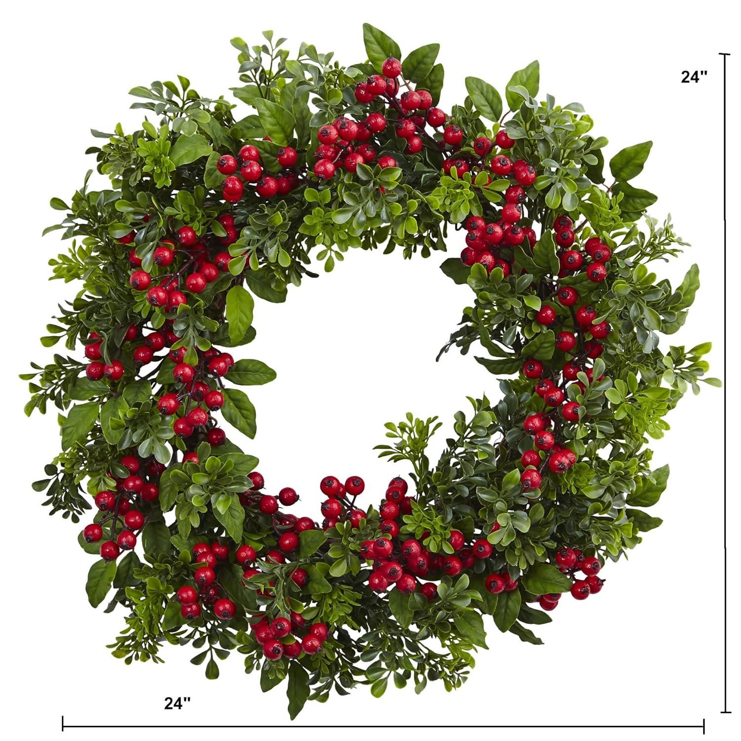Nearly Natural Berry Boxwood Wreath 24": Faux Polyester & Plastic, Indoor Wall Decor, Unlit Winter Theme