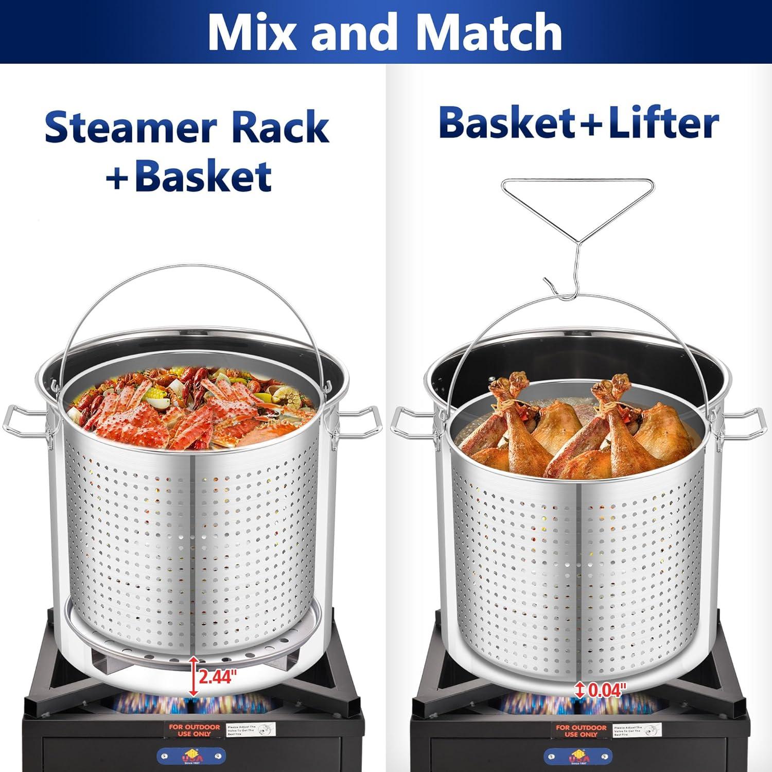 ARC USA 84QT 21 Gallon Stainless Steel Stock Pot Tamale Steamer Crawfish Seafood Turkey Fryer Pot All in One Function with Strainer Basket, Lid,Steamer Divider and Hook