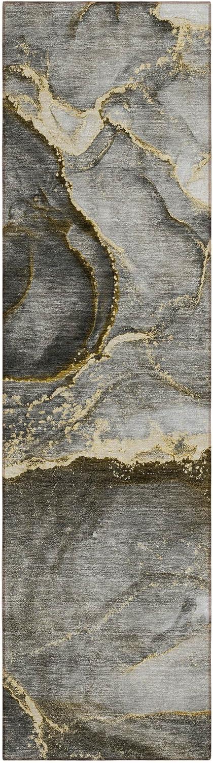 Gold and Gray Abstract Machine-Washable Runner Rug