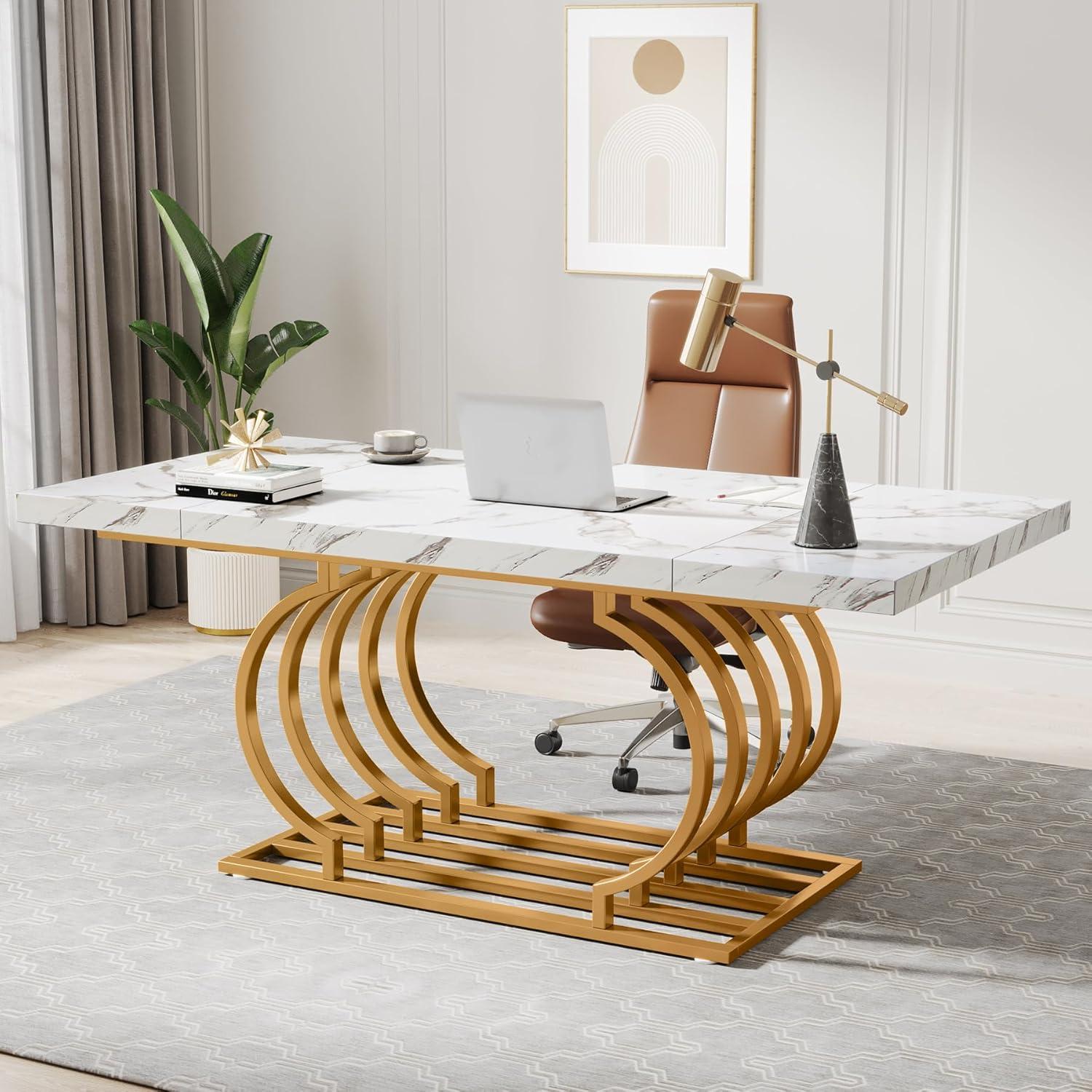 Tribesigns 63 inch Modern Office Desk, Large Executive Desk Computer Desk with Gold Metal Frame, White & Gold