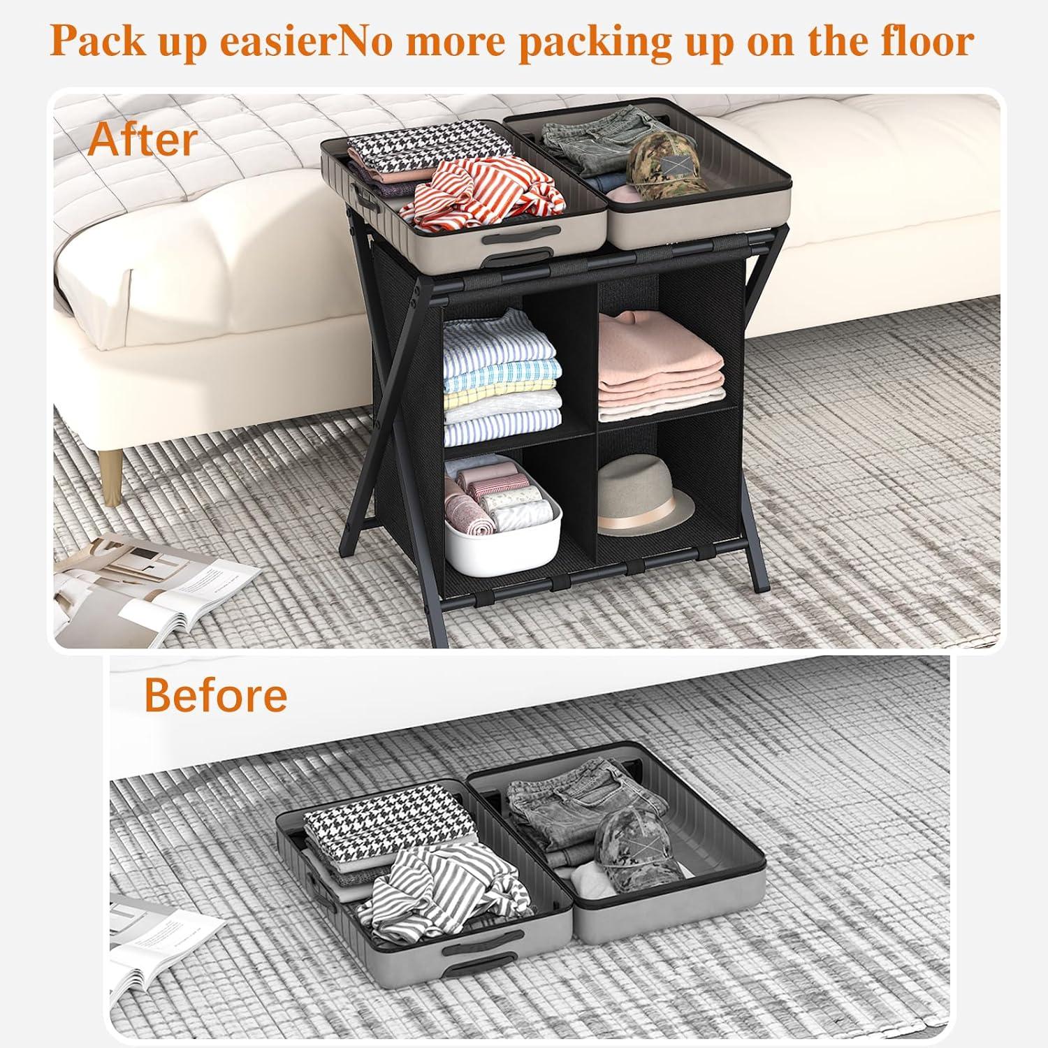 aboxoo Luggage Rack with storage, Guest Room Folding Suitcase Stands, Holds up to 120 lb, Space Saving Suitcase Holders for guest room, Bedroom Hotel, Gold