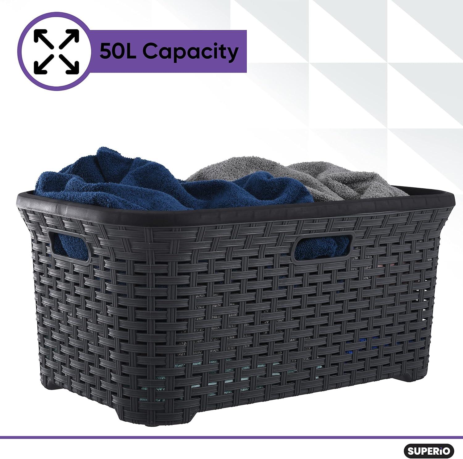 Superio Laundry Basket, Laundry Hamper, 50-liter wicker style basket with cutout handles, to storage dirty clothes, in washroom, or bedroom, grey.
