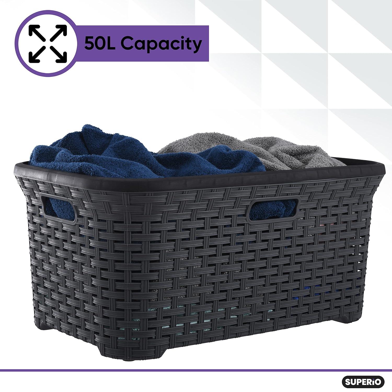 Superio Laundry Basket, Laundry Hamper, 50-liter wicker style basket with cutout handles, to storage dirty clothes, in washroom, or bedroom, grey.