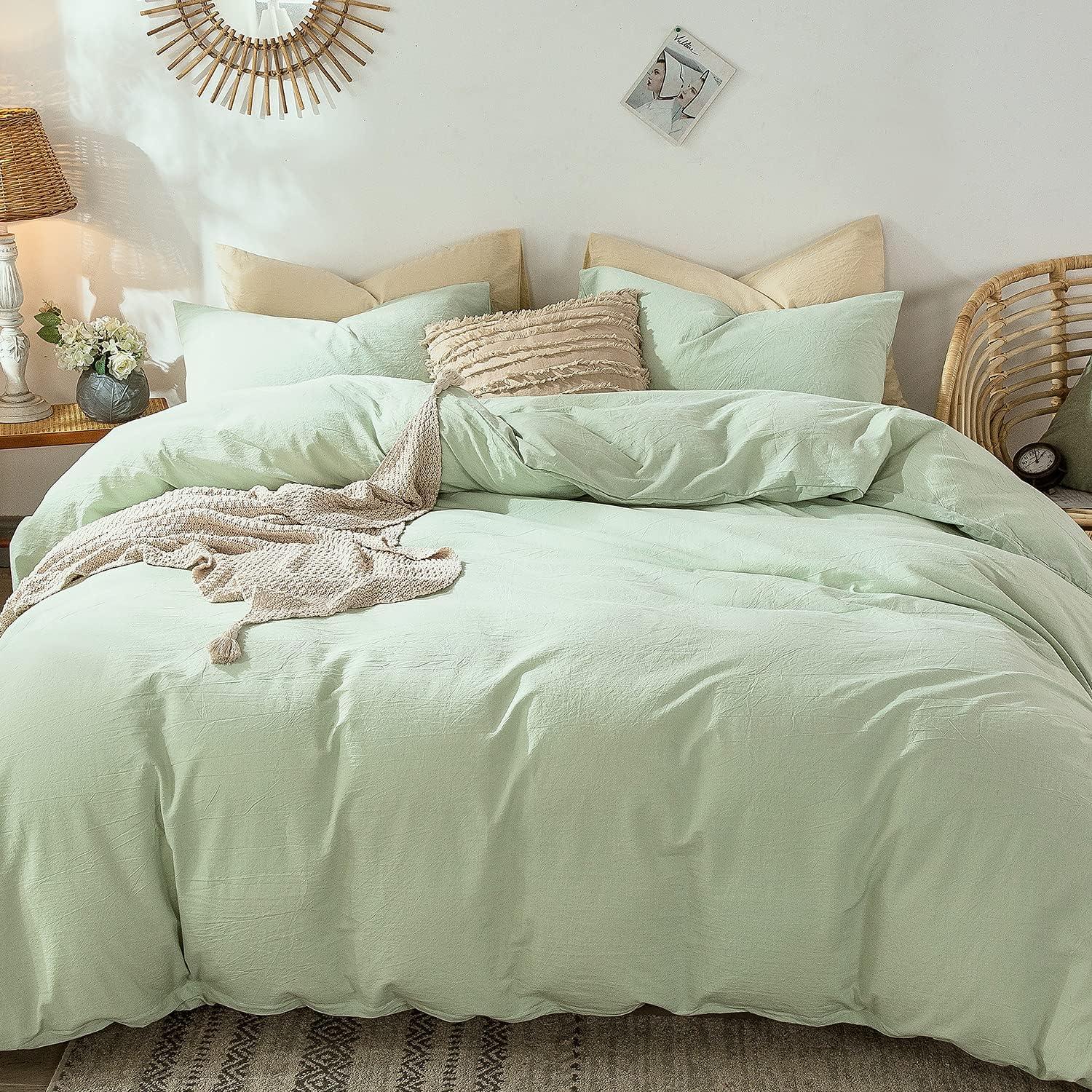 Sage Green King Linen-Like Cotton Duvet Cover Set