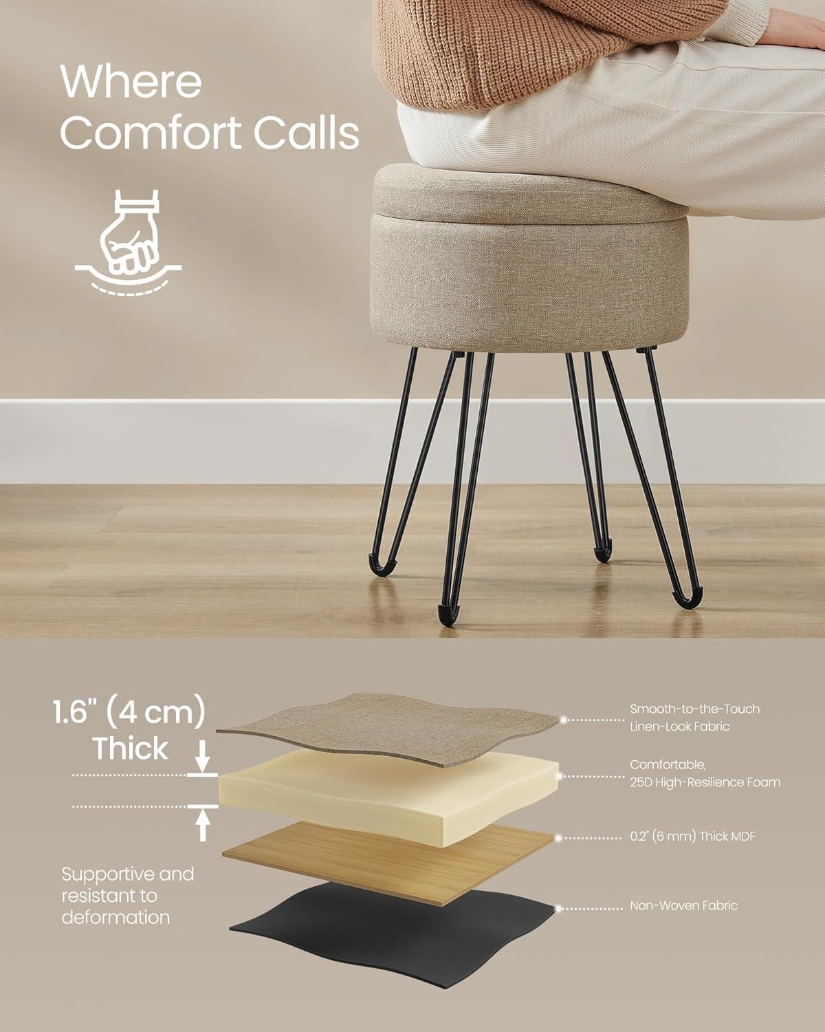 SONGMICS Vanity Stool Chair, Small Ottoman Stool with Storage, Vanity Chair, 15.4 Dia. x 17.4 Inches, 4 Metal Legs, for Makeup Room, for Living Room, Bedroom, Camel Brown ULOM002K01