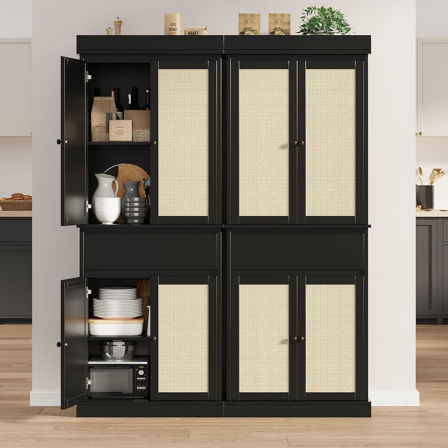 Tall Kitchen Pantry Cabinet 69" Storage Cabinet with Rattan Doors, Drawer and Adjustable Shelves, Cupboard for Bathroom Dining Room, Black