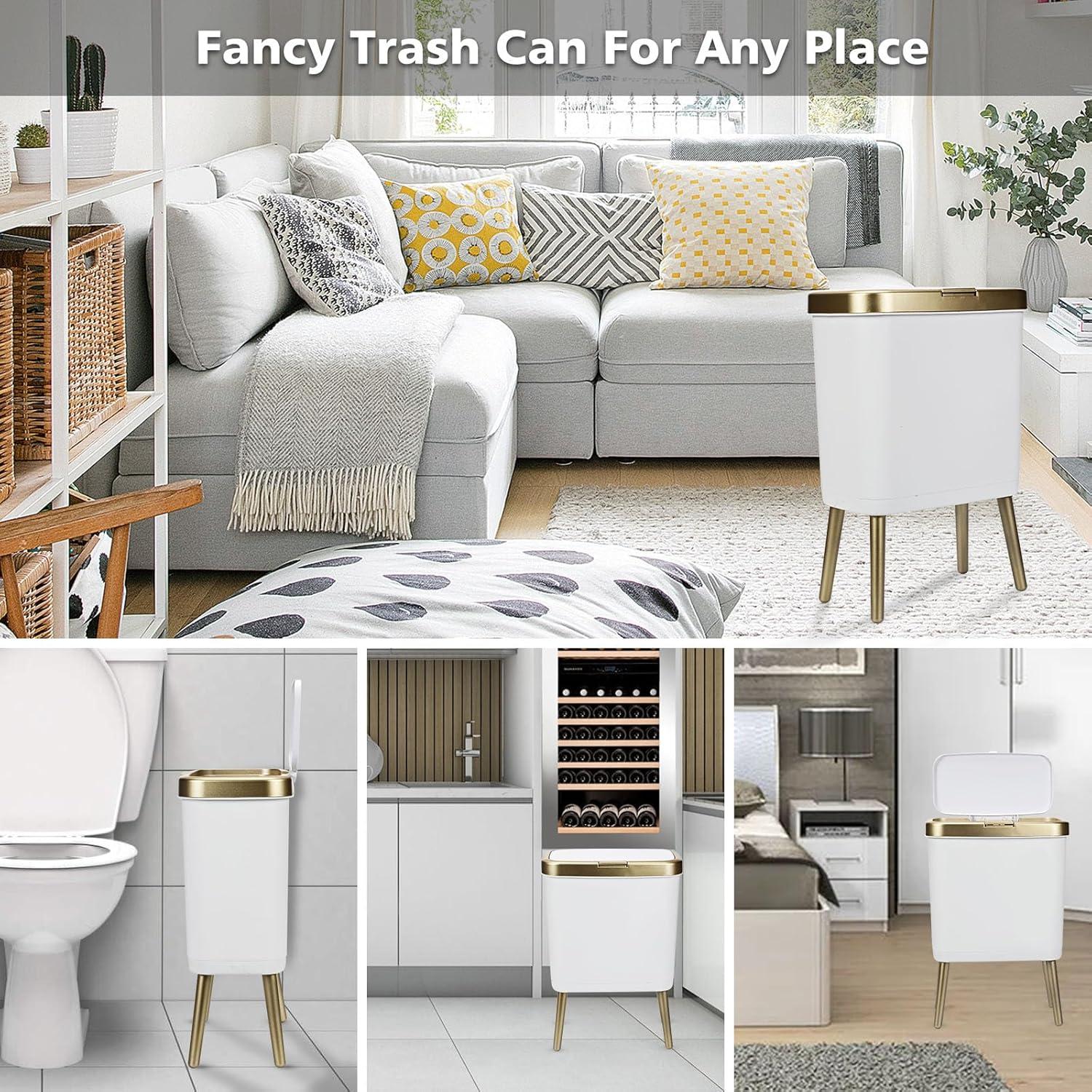 LIKOBI Trash Can with Lid,Bathroom Trash Can with Gold Edge,Slim Plastic Trash Bin for Bedroom,4 Gallon
