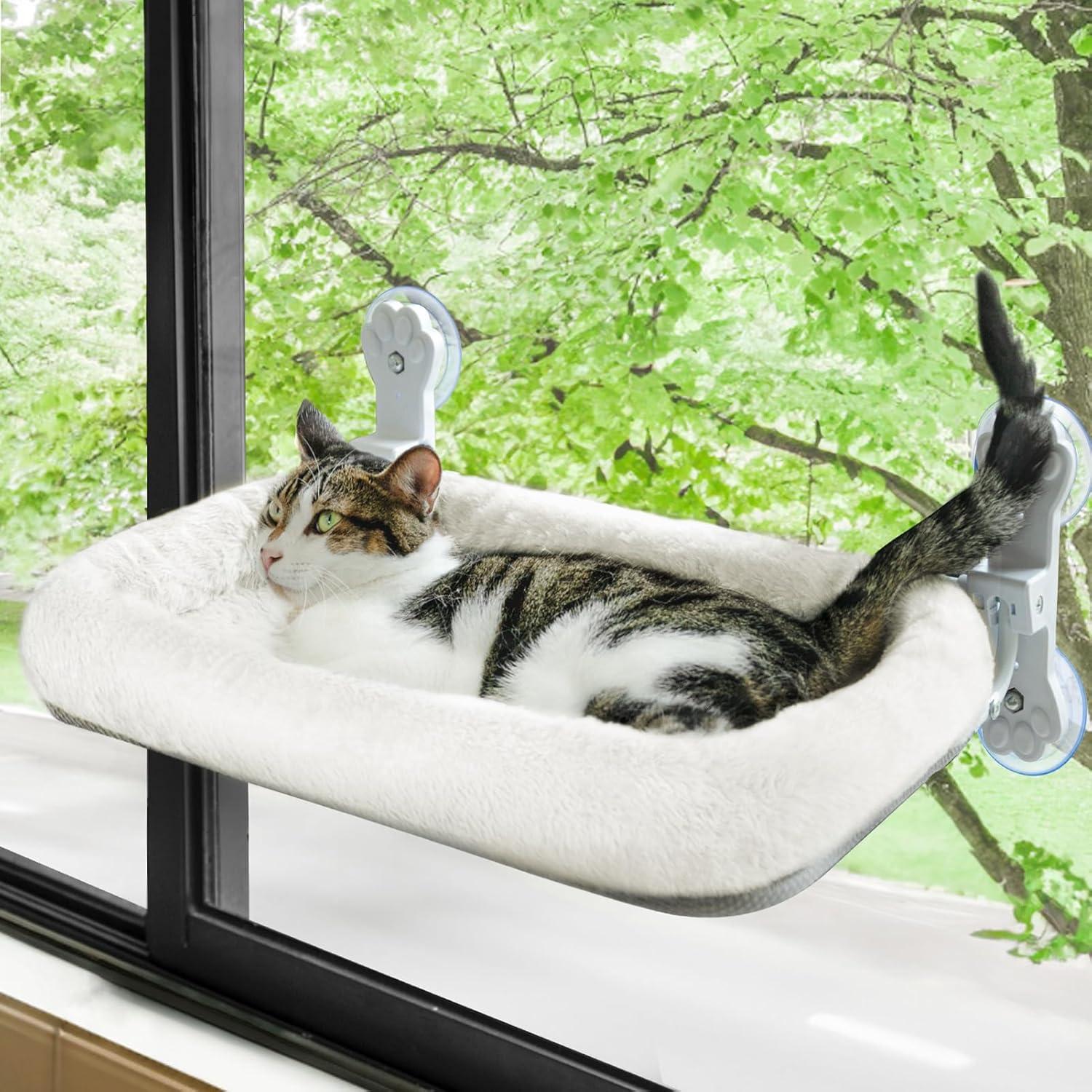 Tucker Murphy Pet™ Foldable Cat Hammock For Window - Cordless, Embeded Machine Washable Padded Bed, Robust Metal Frame - Cat Window Perch For Large Cats And Kittens (White Bolster Bed, Large)