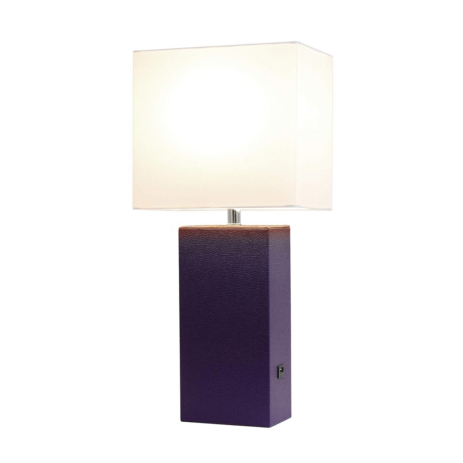 Modern Leather Table Lamp with USB and Fabric Shade Eggplant - Elegant Designs: No Assembly, UL Listed