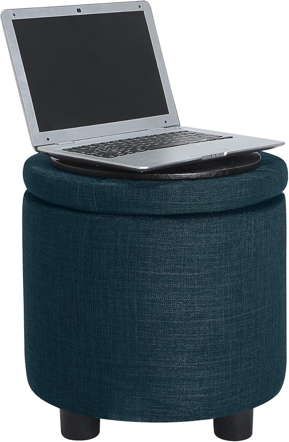 Designs4Comfort Round Accent Storage Ottoman with Reversible Tray Lid, Dark Blue Fabric