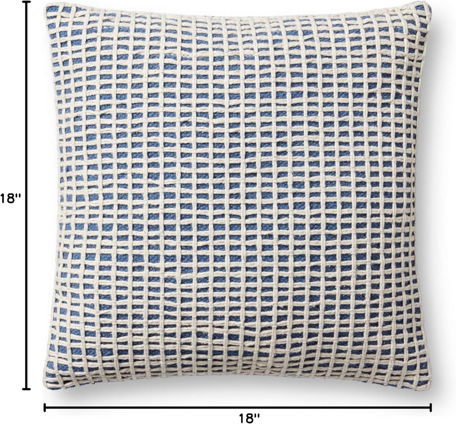 Ivory and Blue Modern Cotton Polyester Square Throw Pillow