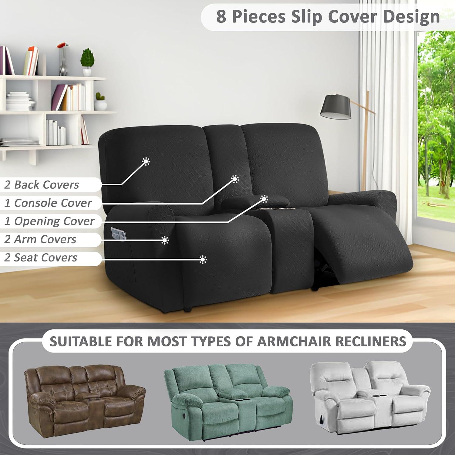 ULTICOR Squared Jacquard Design Reclining Loveseat with Middle Console Slipcover, 8-Piece Stretch Sofa Covers, 2 seat Loveseat Recliner Cover, Washable (Loveseat with Console Recliner Cover, Black)