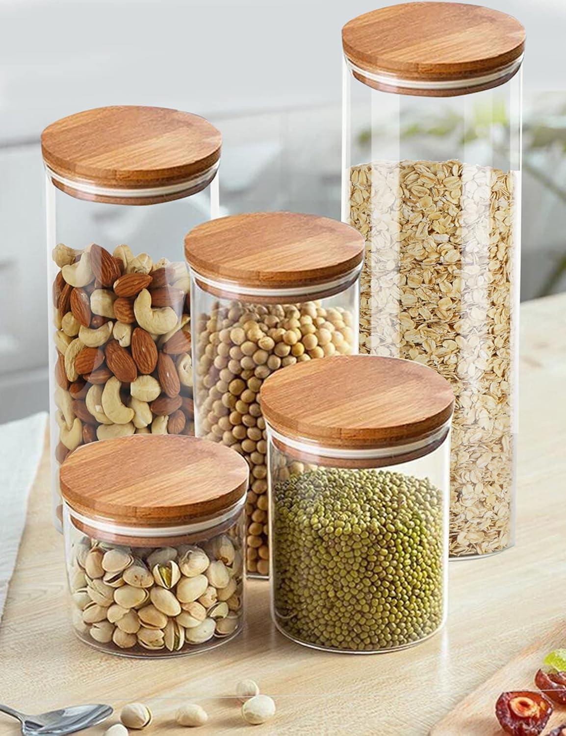 Set of 5 Clear Glass Kitchen Canisters with Bamboo Lids