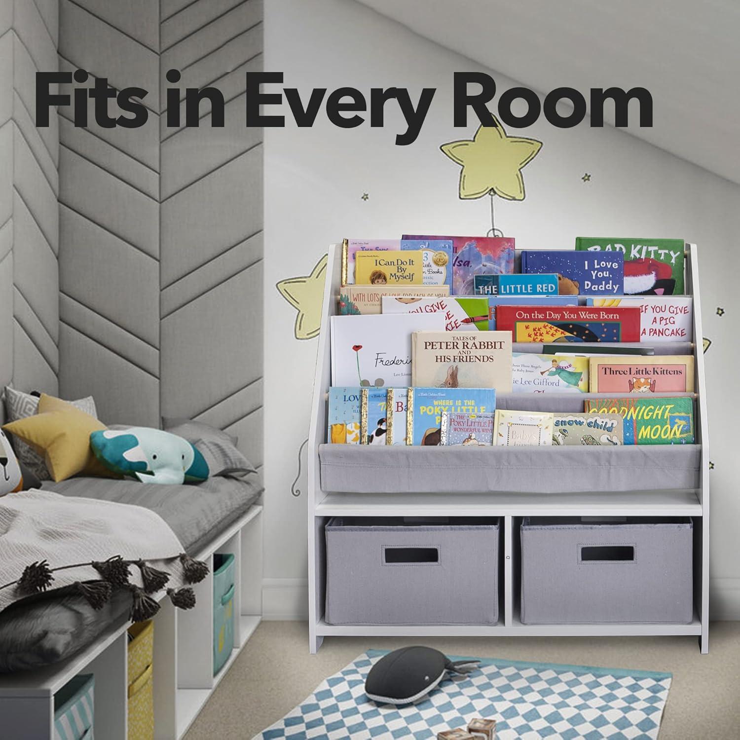 WonkaWoo Kids Sling Bookshelf Wooden Book Rack, Canvas Slings and 2 Storage Toys Organizer, White Bookshelf with Grey Slings
