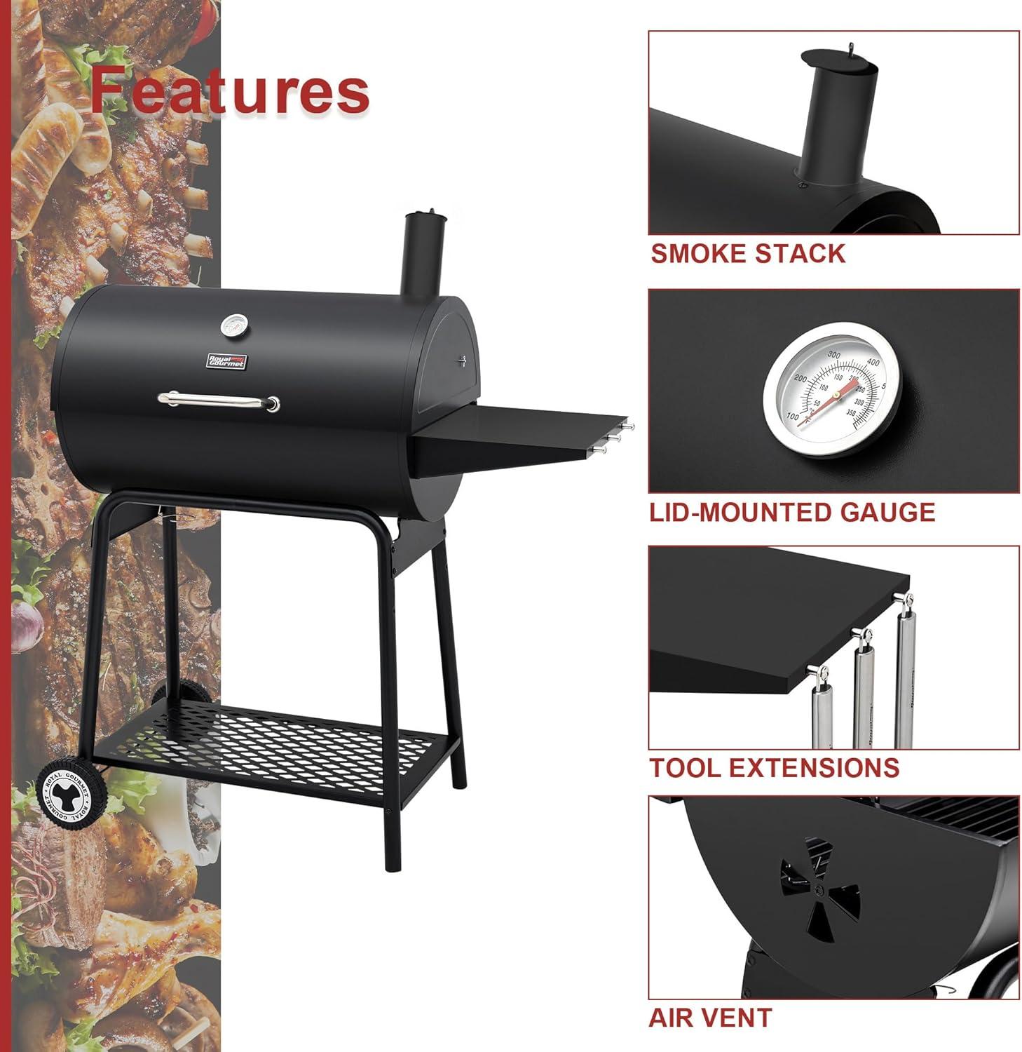 Royal Gourmet 30" Barrel Charcoal Grill with Side Shelf