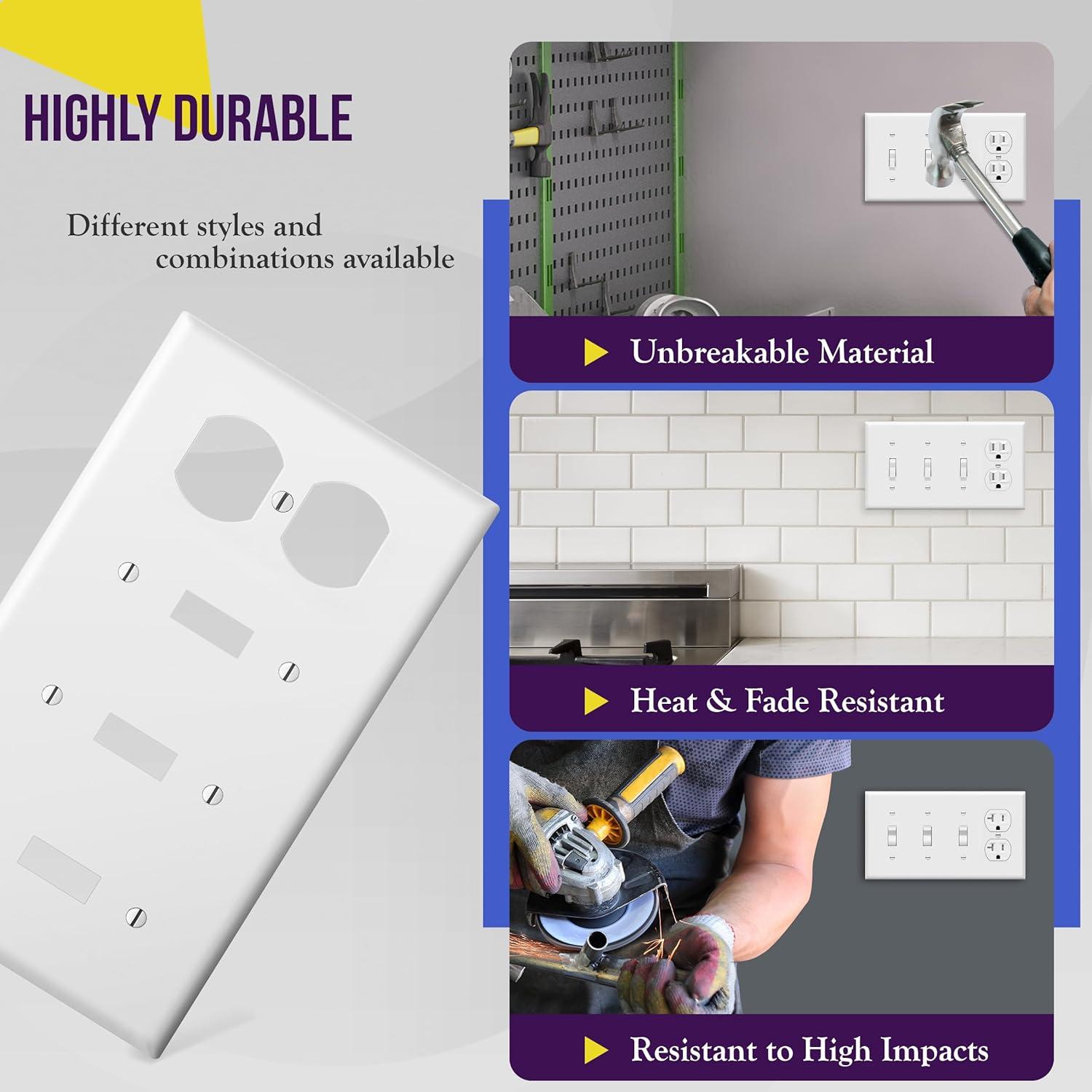 ENERLITES Combination Triple Toggle Switch Cover / Single Duplex Receptacle Outlet Wall Plate, Standard Size 4-Gang, Polycarbonate Thermoplastic, UL Listed, White